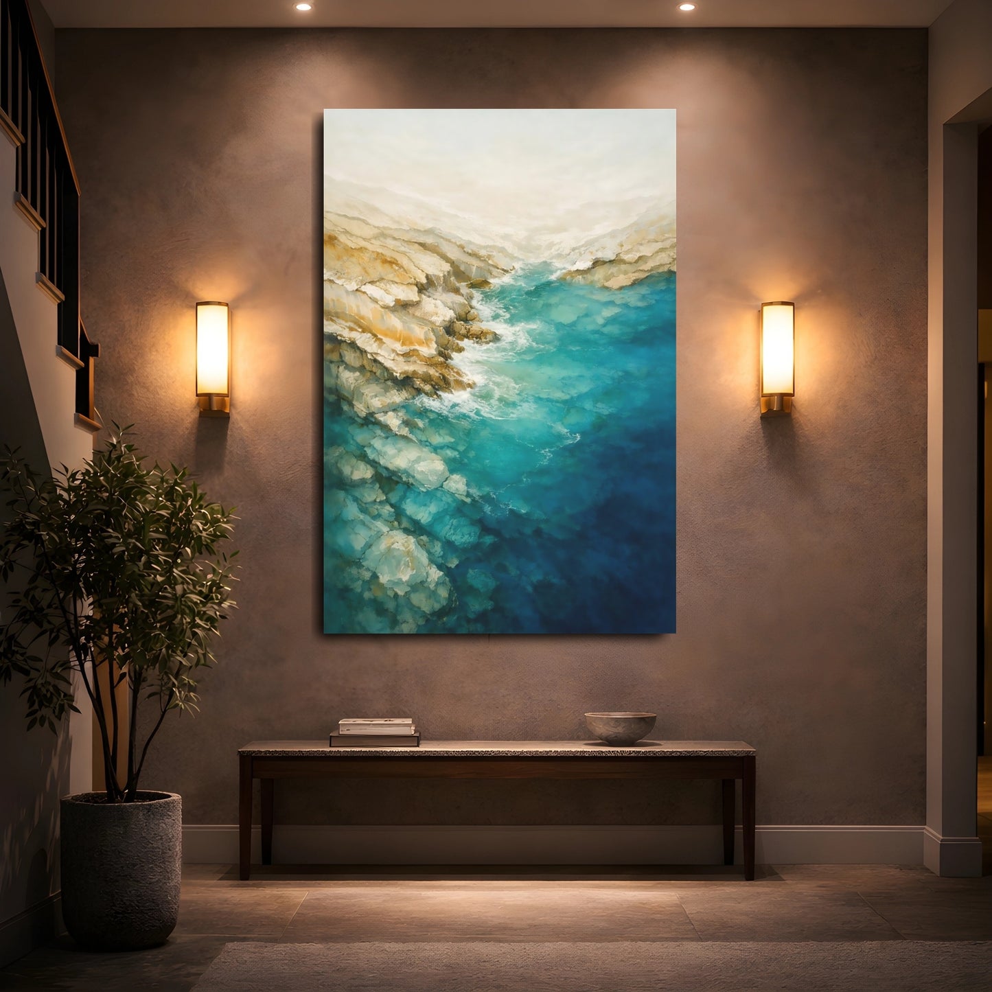 Nature Rocky Coast Turquoise And Tan shown as front canvas room wall art