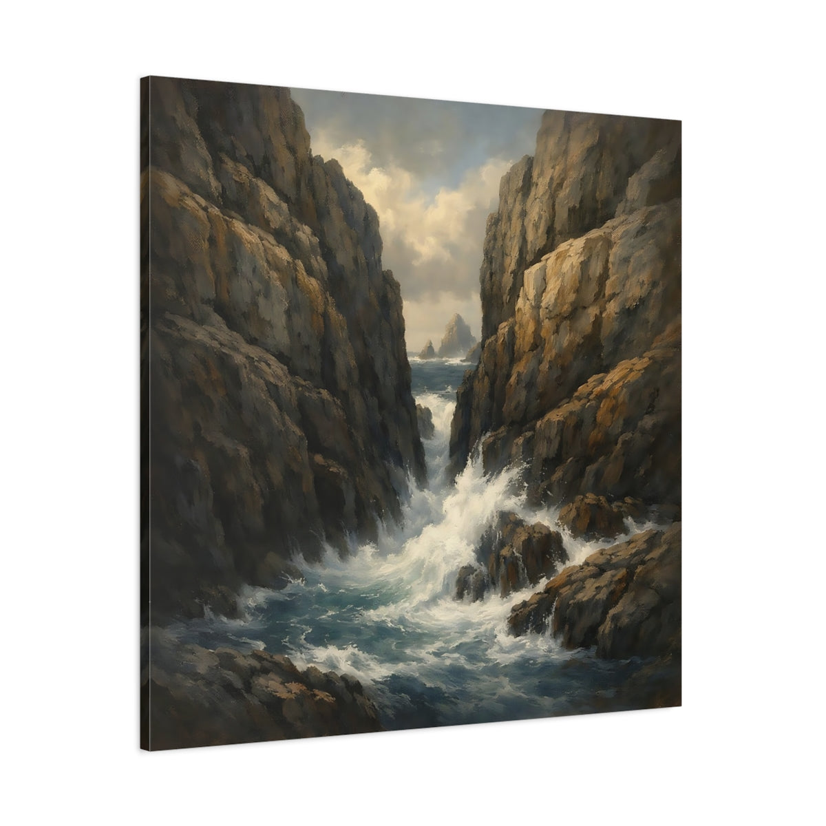 Main Mockup. Nature Rocky Cove Brown Blue Seascape shown as stretched canvas wall art