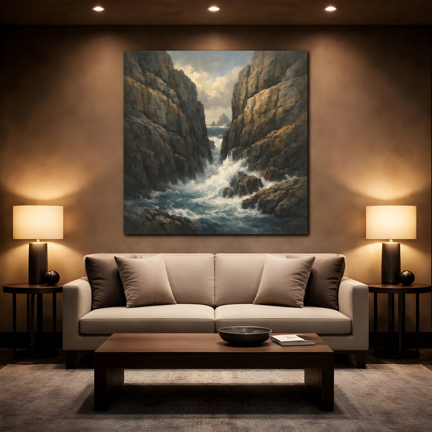 Mockup 2. Nature Rocky Cove Brown Blue Seascape shown as stretched canvas wall art