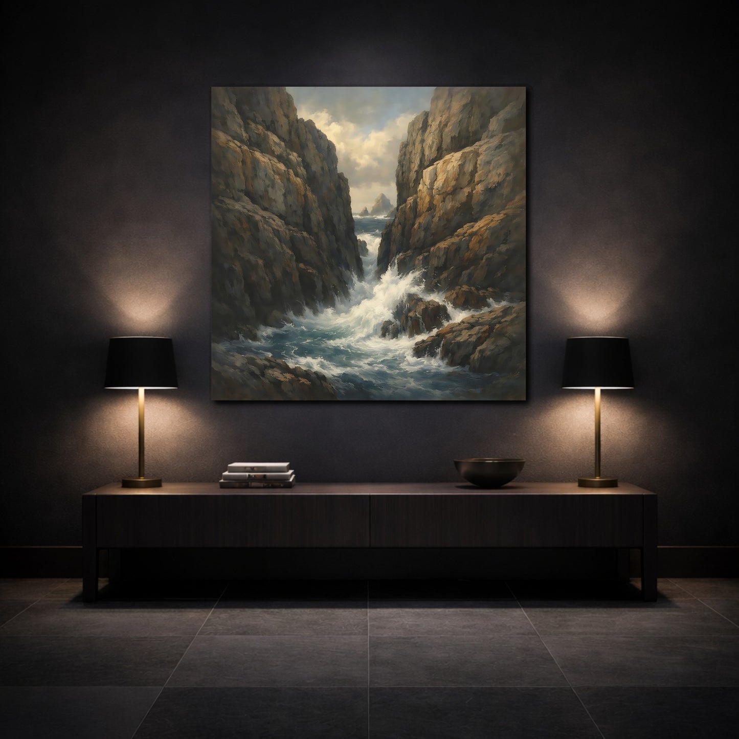 Mockup 3. Nature Rocky Cove Brown Blue Seascape shown as stretched canvas wall art