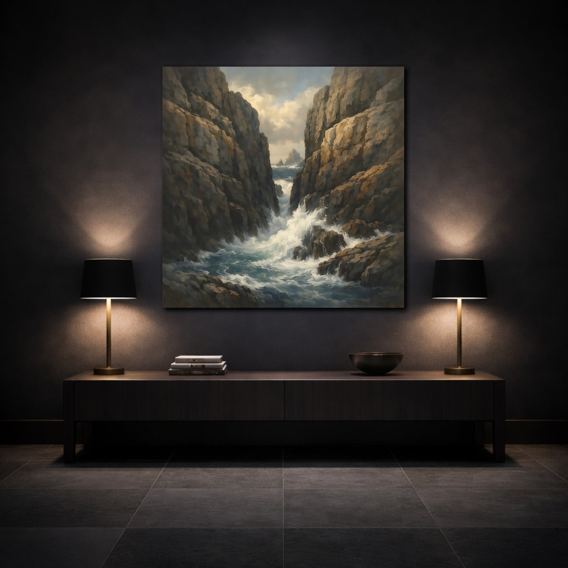Mockup 3. Nature Rocky Cove Brown Blue Seascape shown as stretched canvas wall art