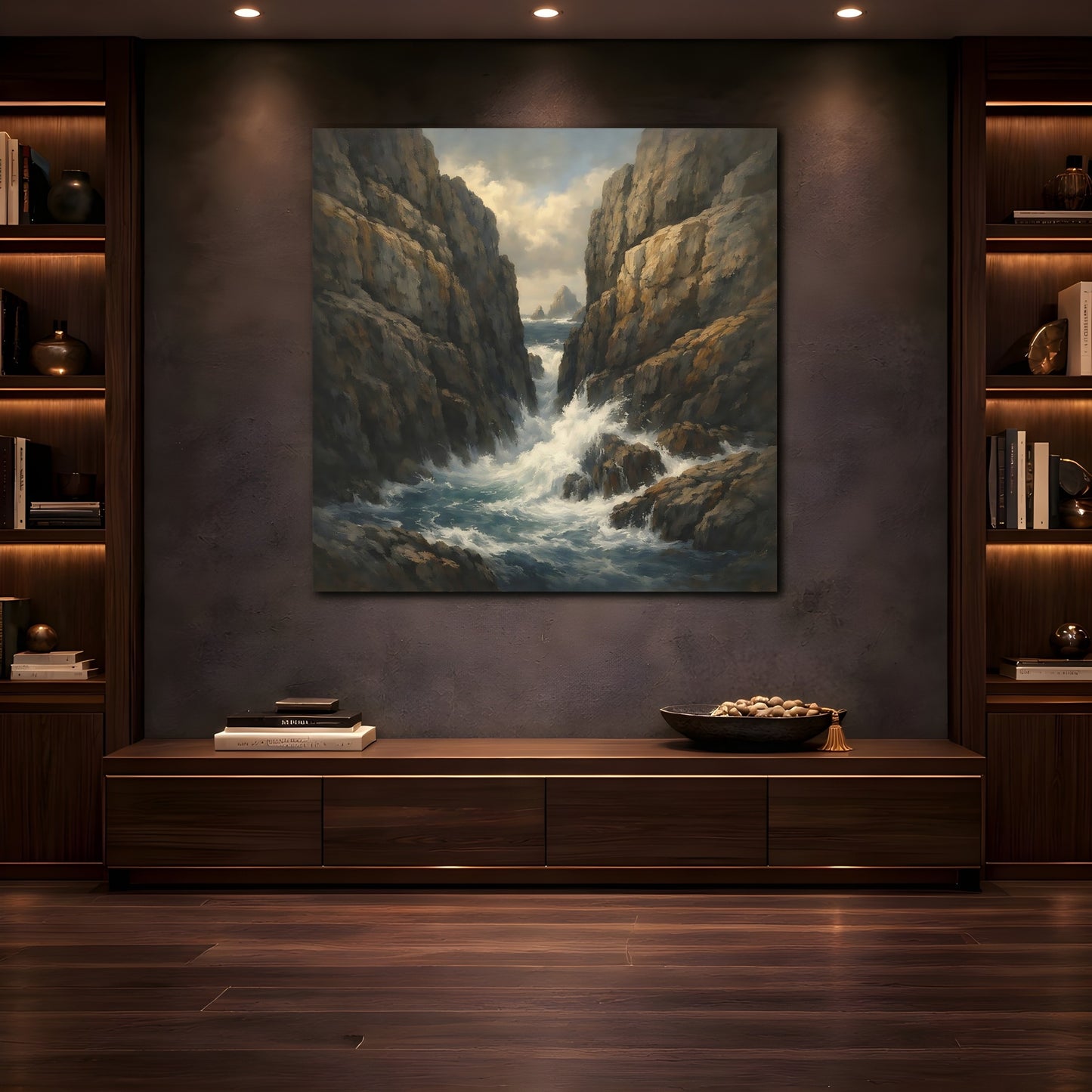 Mockup 4. Nature Rocky Cove Brown Blue Seascape shown as stretched canvas wall art