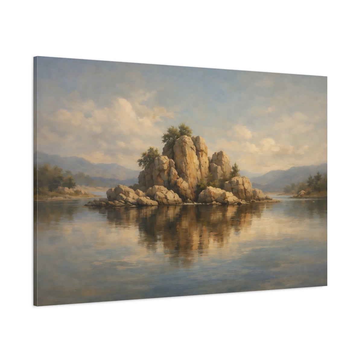 Main Mockup. Nature Rocky Island Brown And Blue Landscape shown as stretched canvas wall art