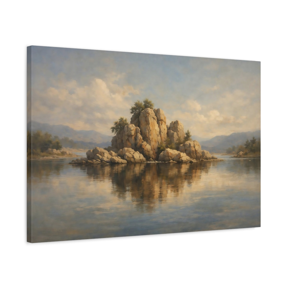 Side Mockup 2. Nature Rocky Island Brown And Blue Landscape shown as stretched canvas wall art
