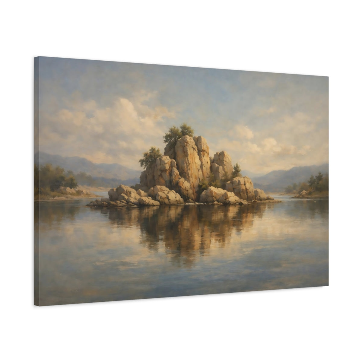 Side Mockup 1. Nature Rocky Island Brown And Blue Landscape shown as stretched canvas wall art