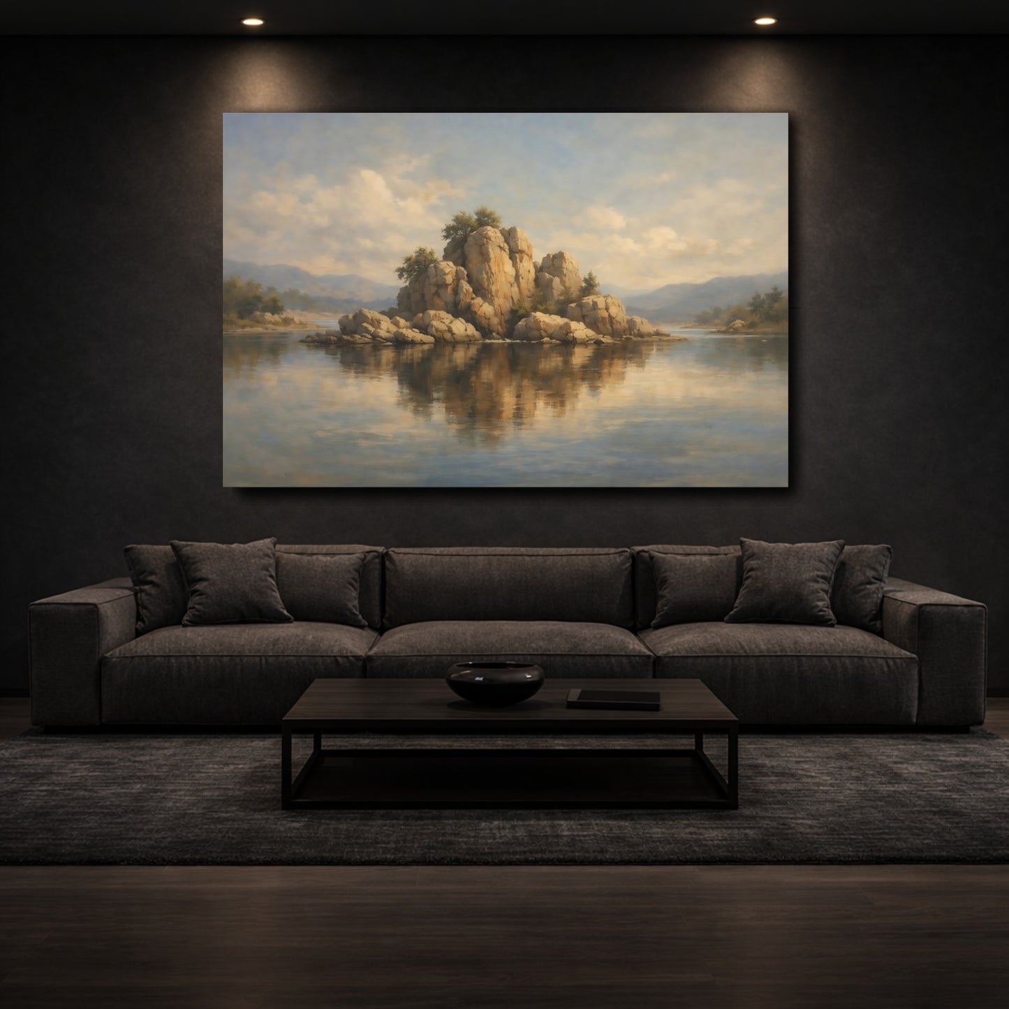 Mockup 2. Nature Rocky Island Brown And Blue Landscape shown as stretched canvas wall art