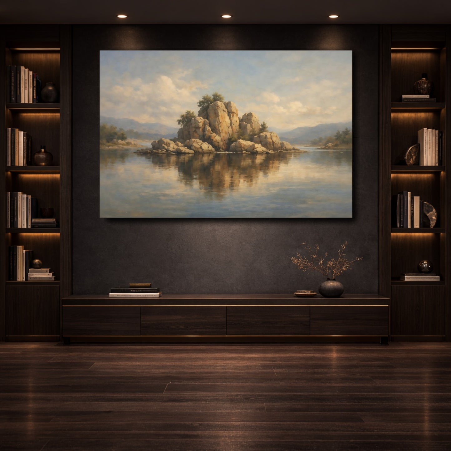 Mockup 3. Nature Rocky Island Brown And Blue Landscape shown as stretched canvas wall art