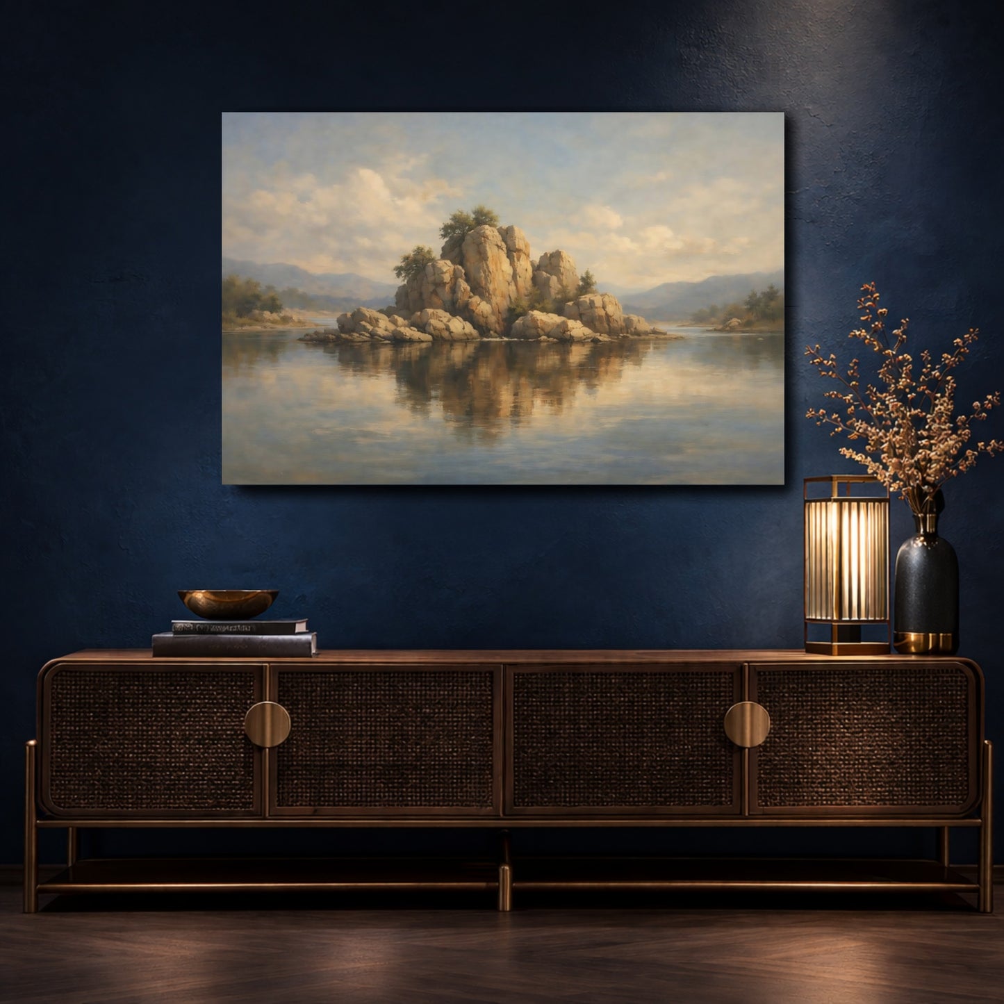 Mockup 4. Nature Rocky Island Brown And Blue Landscape shown as stretched canvas wall art