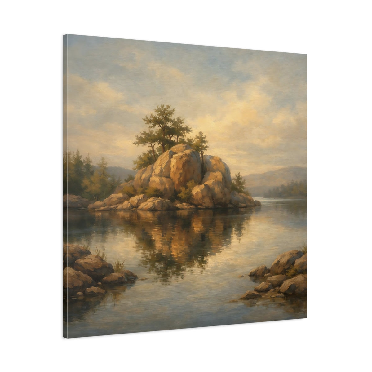 Main Mockup. Nature Rocky Island Brown And Gold Landscape shown as stretched canvas wall art