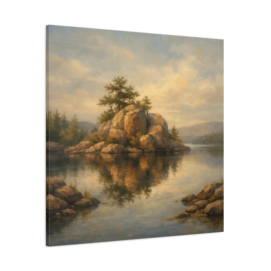 Main Mockup. Nature Rocky Island Brown And Gold Landscape shown as stretched canvas wall art
