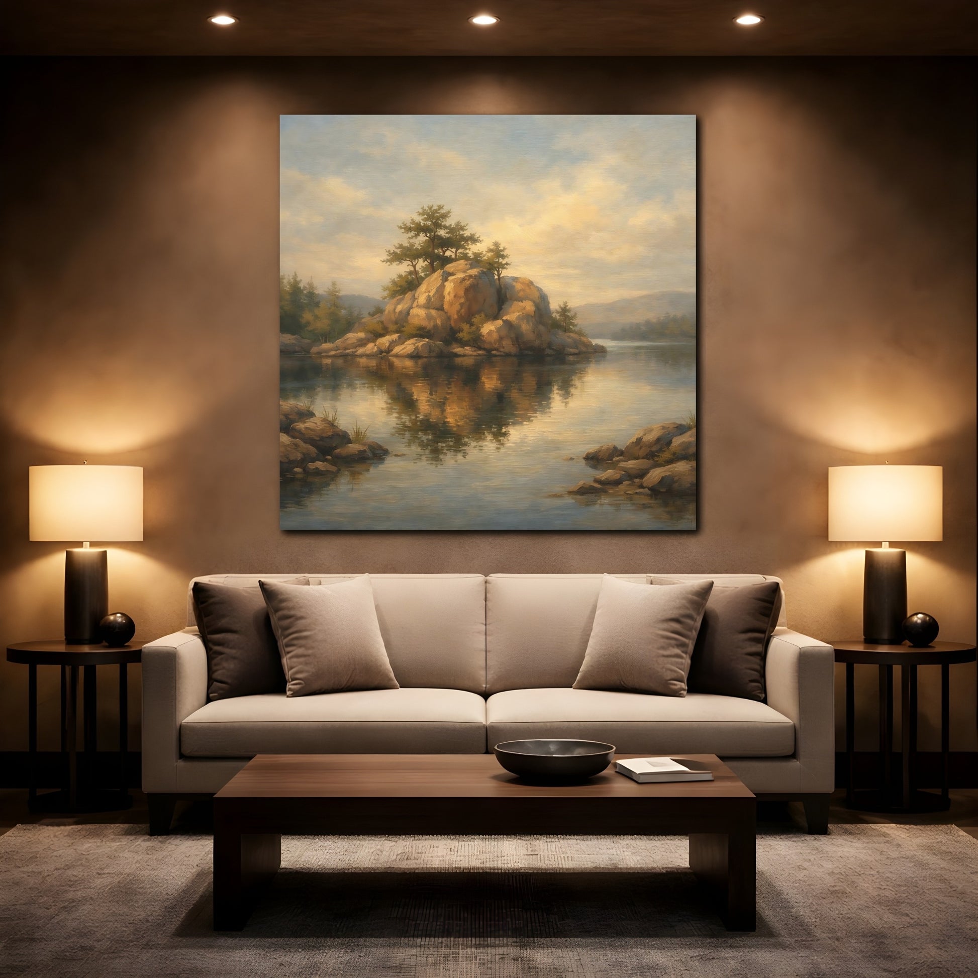Mockup 2. Nature Rocky Island Brown And Gold Landscape shown as stretched canvas wall art