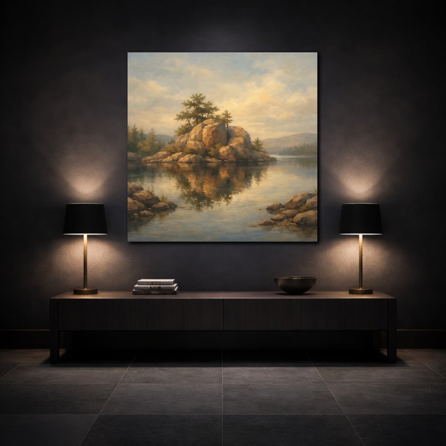 Mockup 3. Nature Rocky Island Brown And Gold Landscape shown as stretched canvas wall art