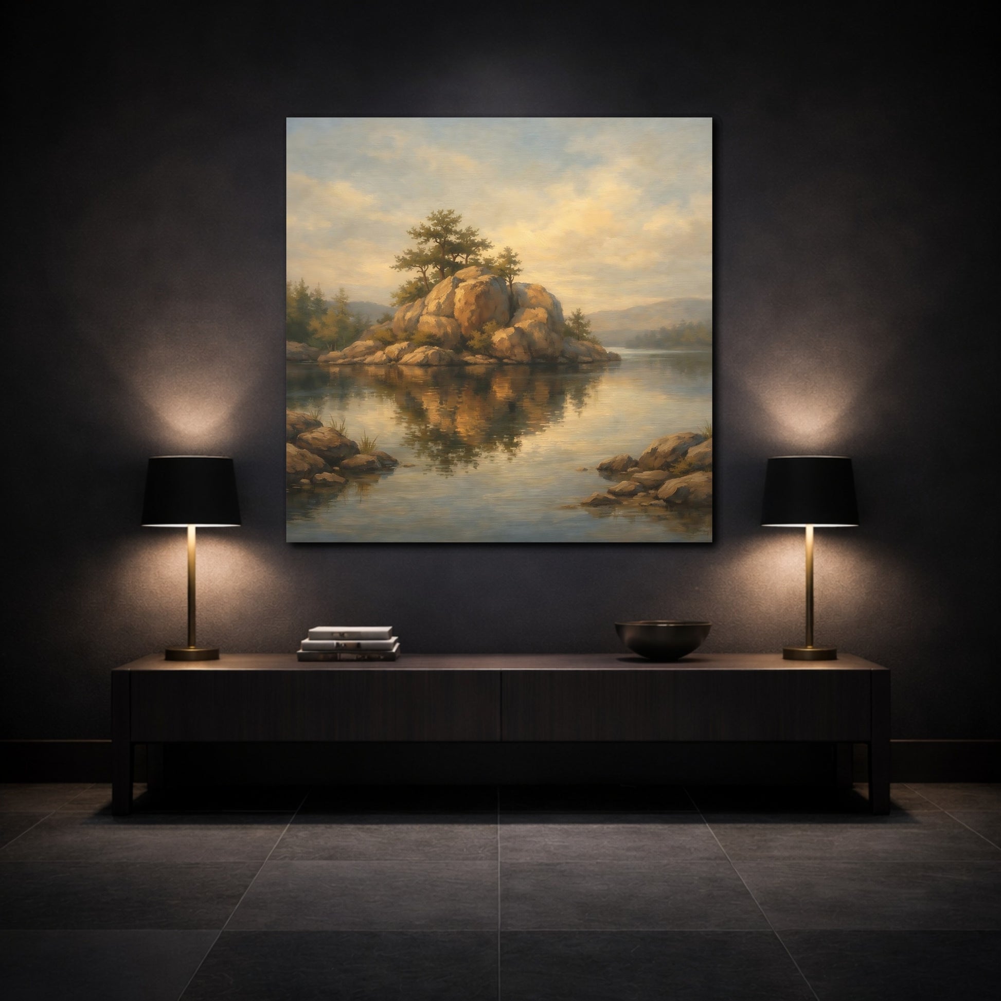 Mockup 3. Nature Rocky Island Brown And Gold Landscape shown as stretched canvas wall art