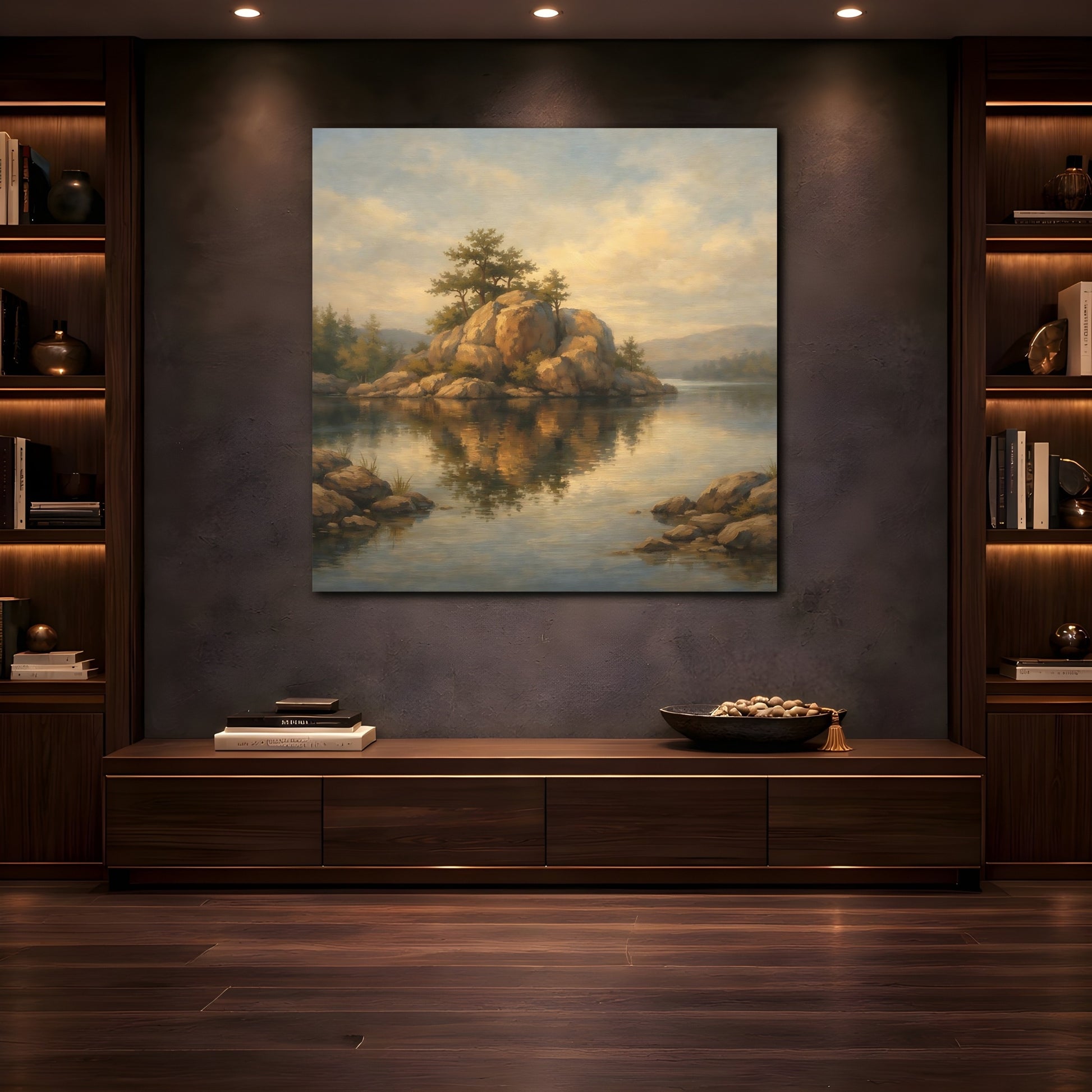 Mockup 4. Nature Rocky Island Brown And Gold Landscape shown as stretched canvas wall art