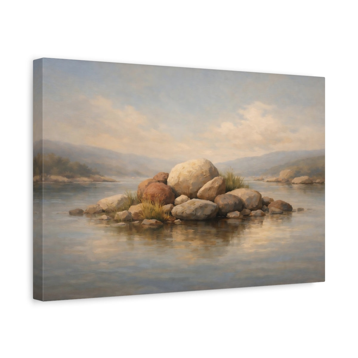 Side Mockup 4. Nature Rocky Island Brown And Grey Island shown as stretched canvas wall art