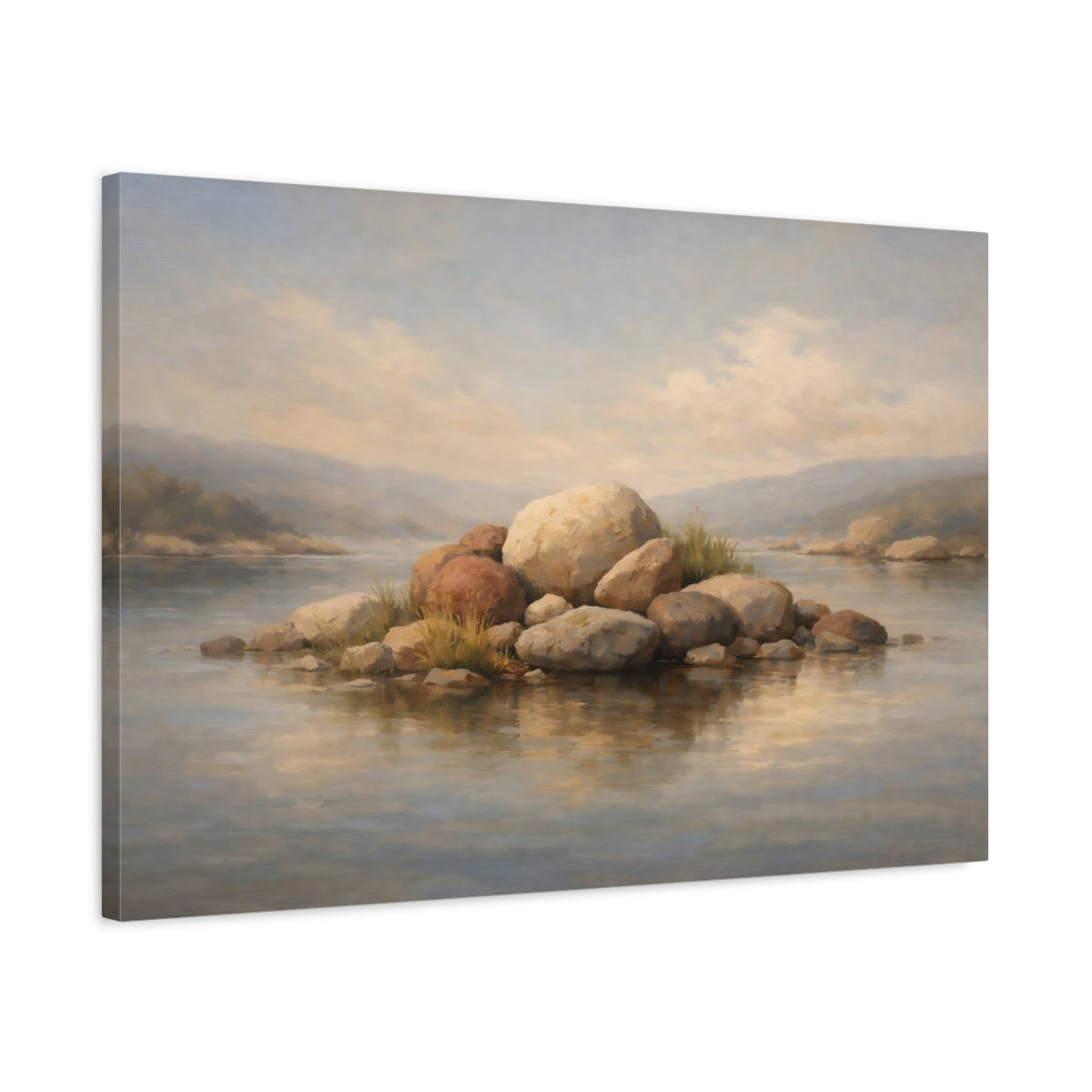 Side Mockup 2. Nature Rocky Island Brown And Grey Island shown as stretched canvas wall art