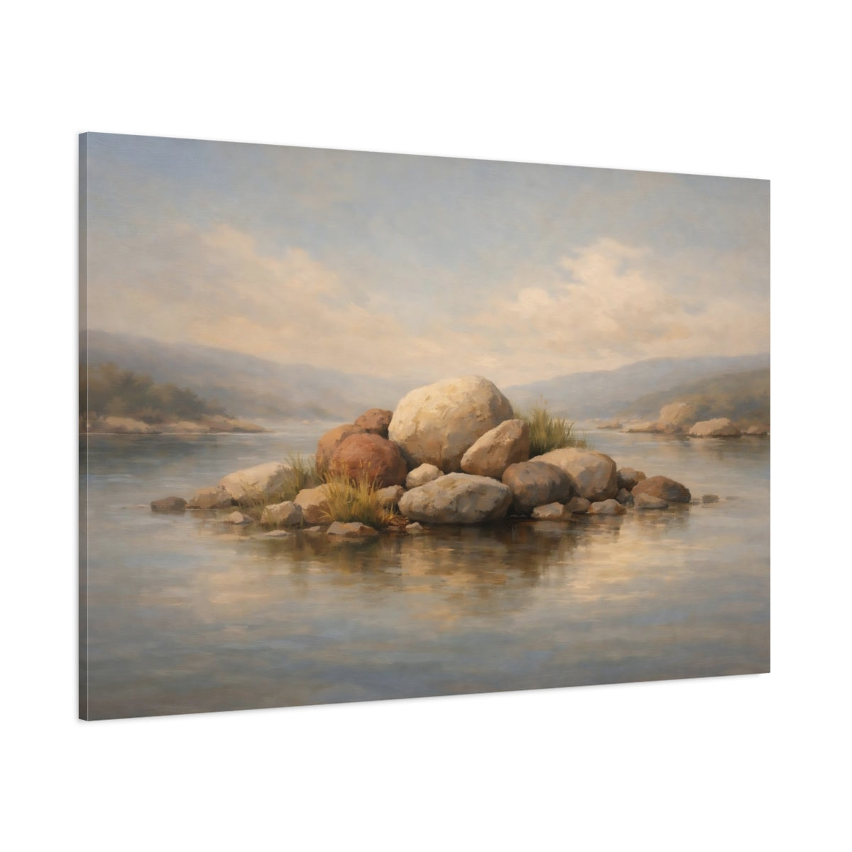 Main Mockup. Nature Rocky Island Brown And Grey Island shown as stretched canvas wall art