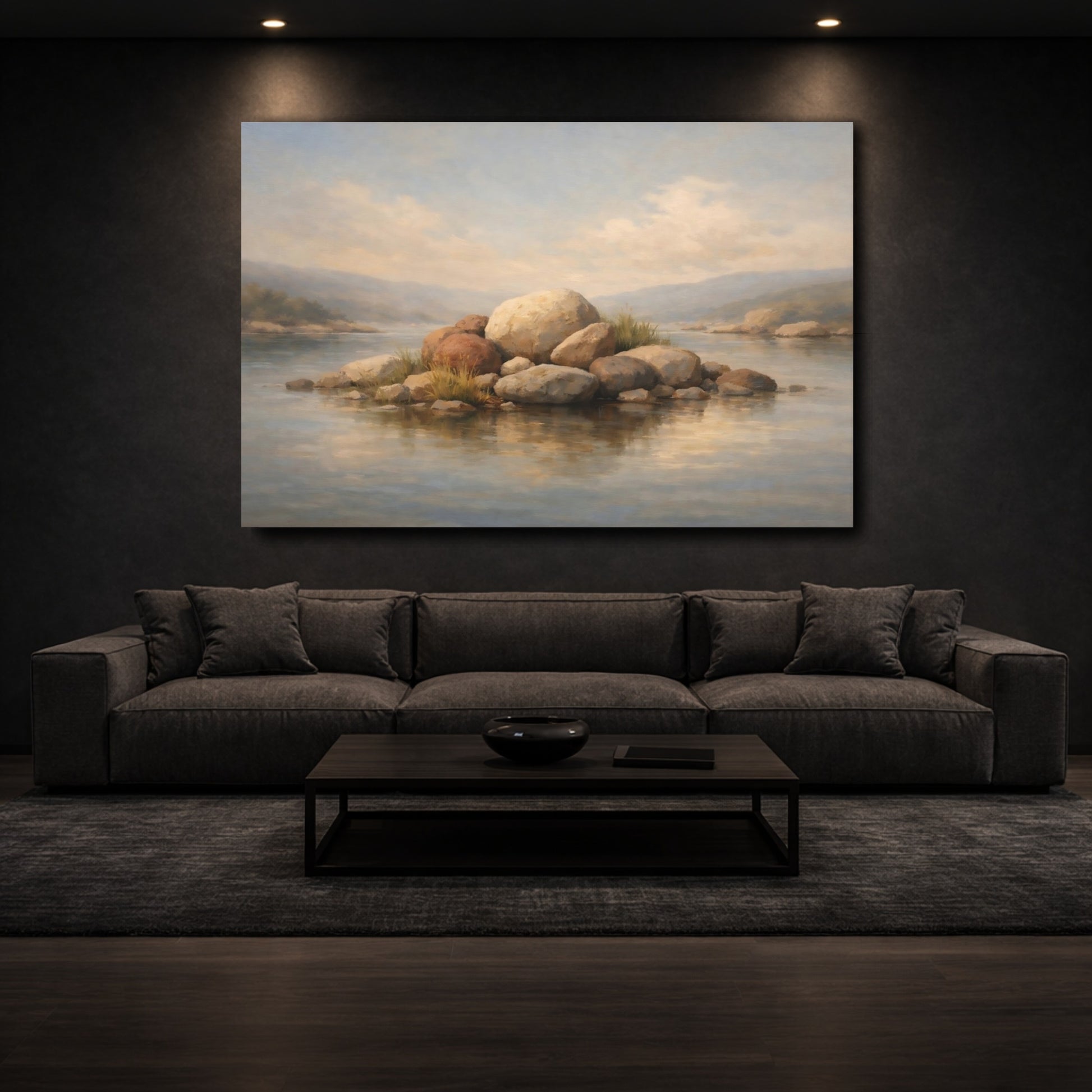 Mockup 2. Nature Rocky Island Brown And Grey Island shown as stretched canvas wall art