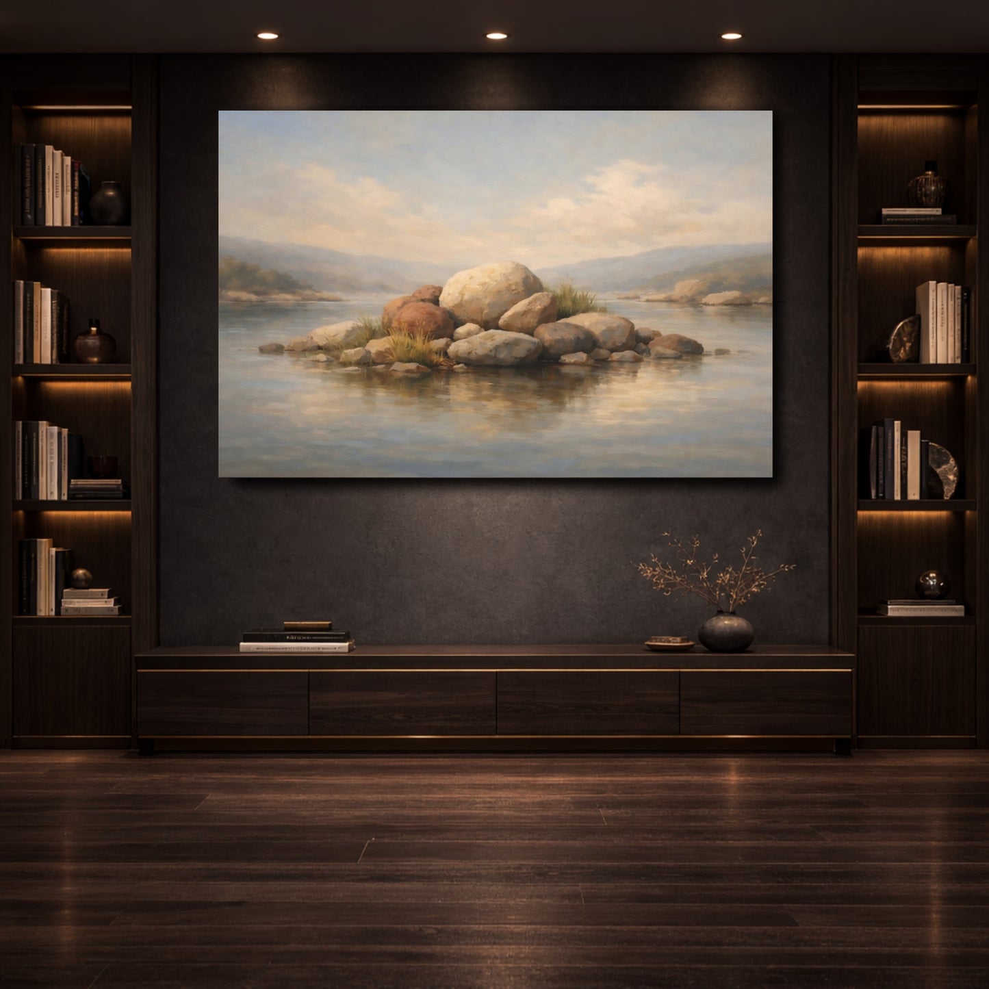 Mockup 3. Nature Rocky Island Brown And Grey Island shown as stretched canvas wall art