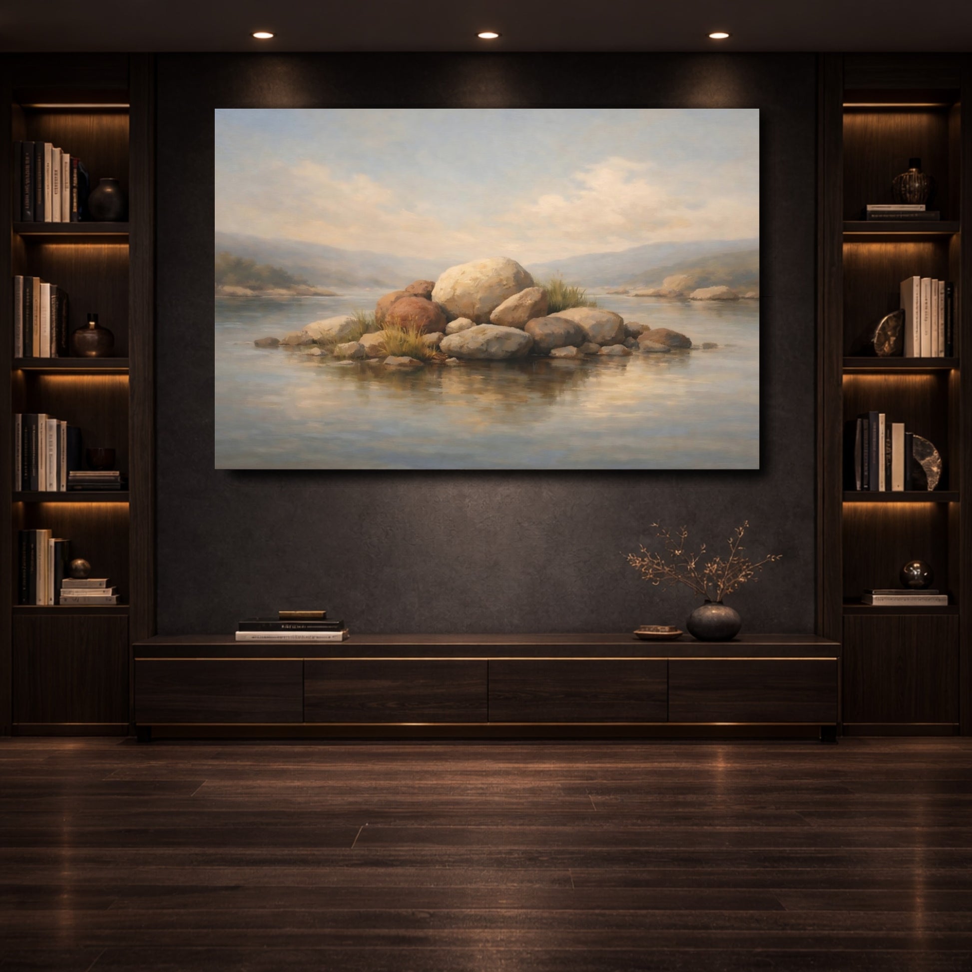 Mockup 3. Nature Rocky Island Brown And Grey Island shown as stretched canvas wall art