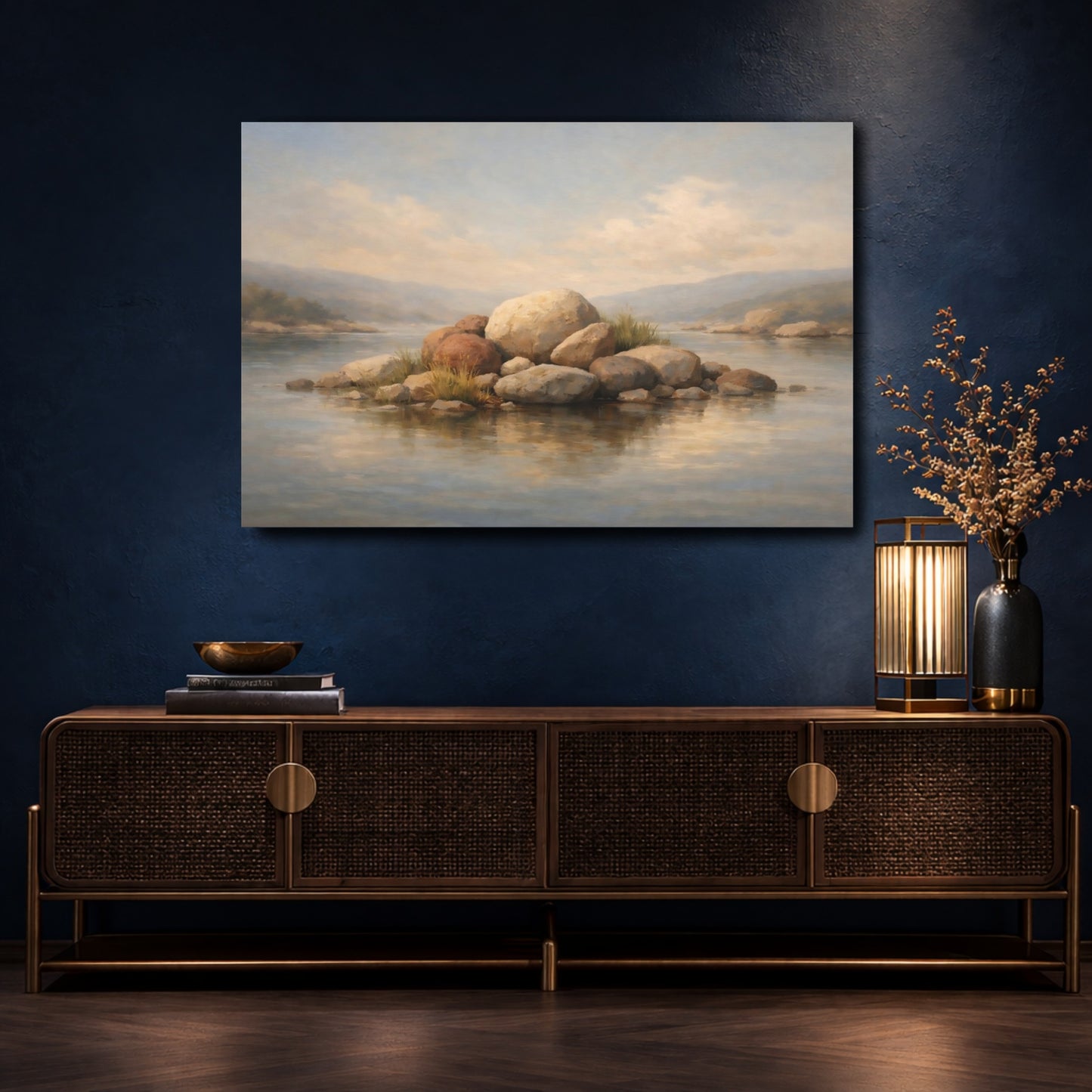 Mockup 4. Nature Rocky Island Brown And Grey Island shown as stretched canvas wall art