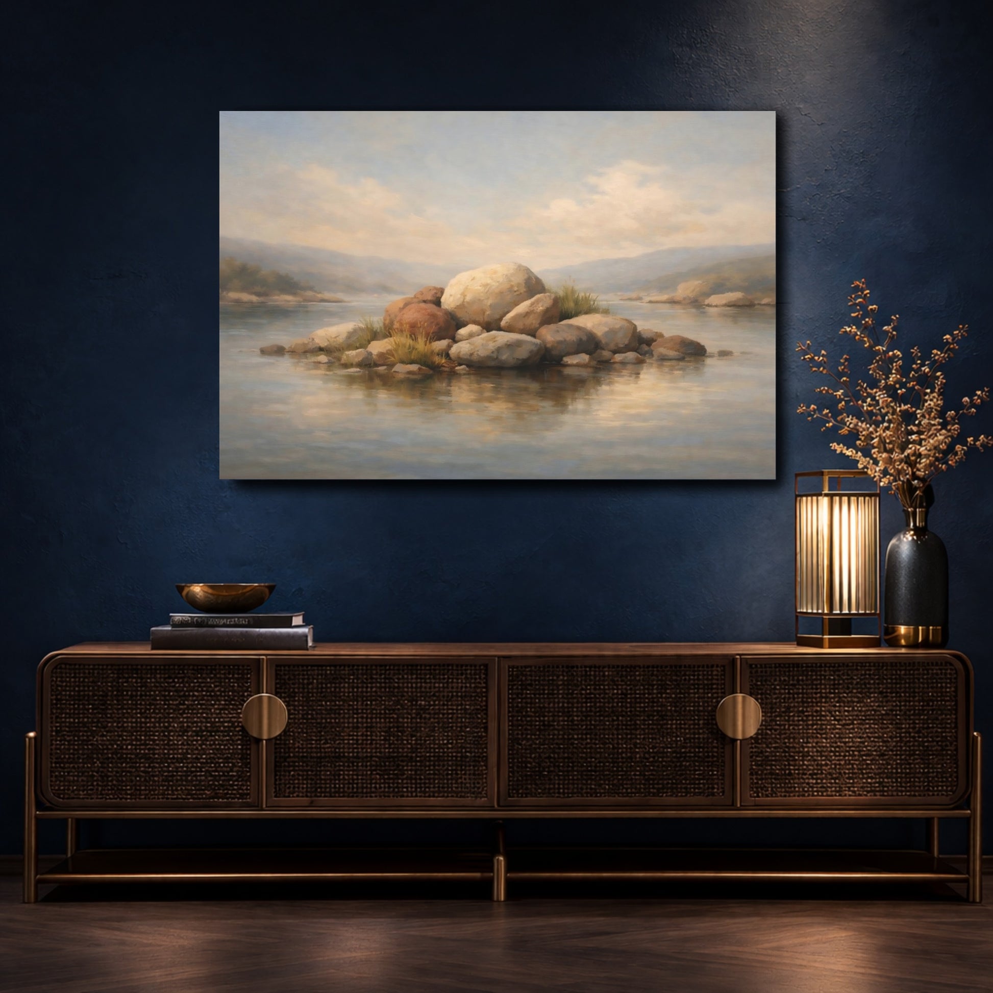 Mockup 4. Nature Rocky Island Brown And Grey Island shown as stretched canvas wall art
