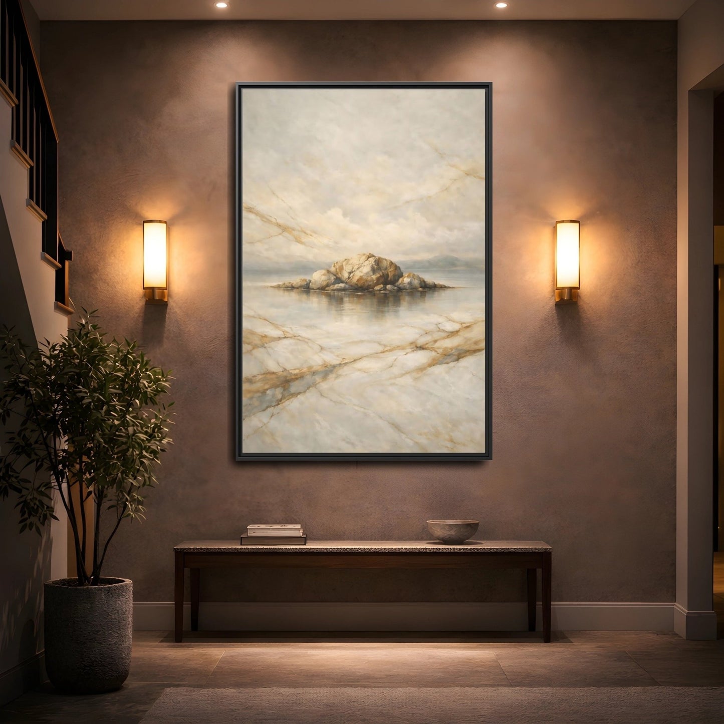 Nature Rocky Island Gold - Framed Canvas Wall Art Print - YesArtYes