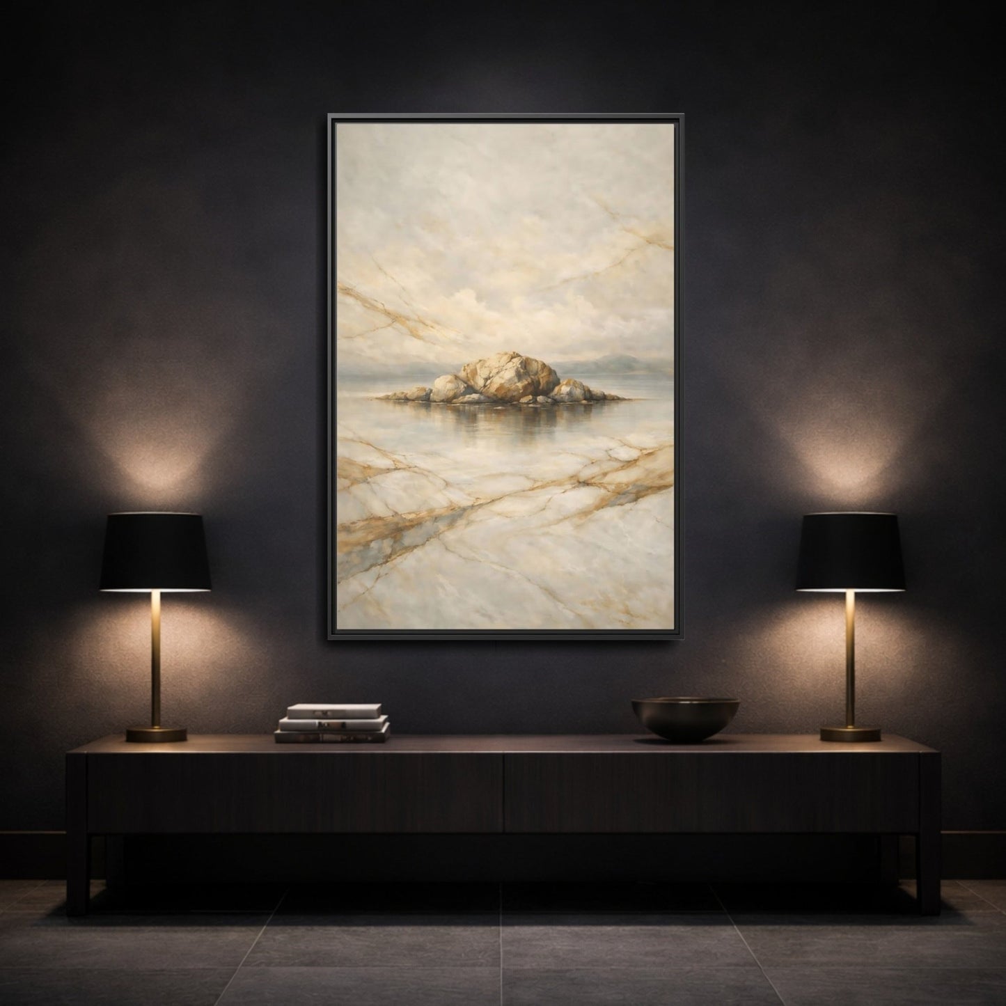 Nature Rocky Island Gold - Framed Canvas Wall Art Print - YesArtYes