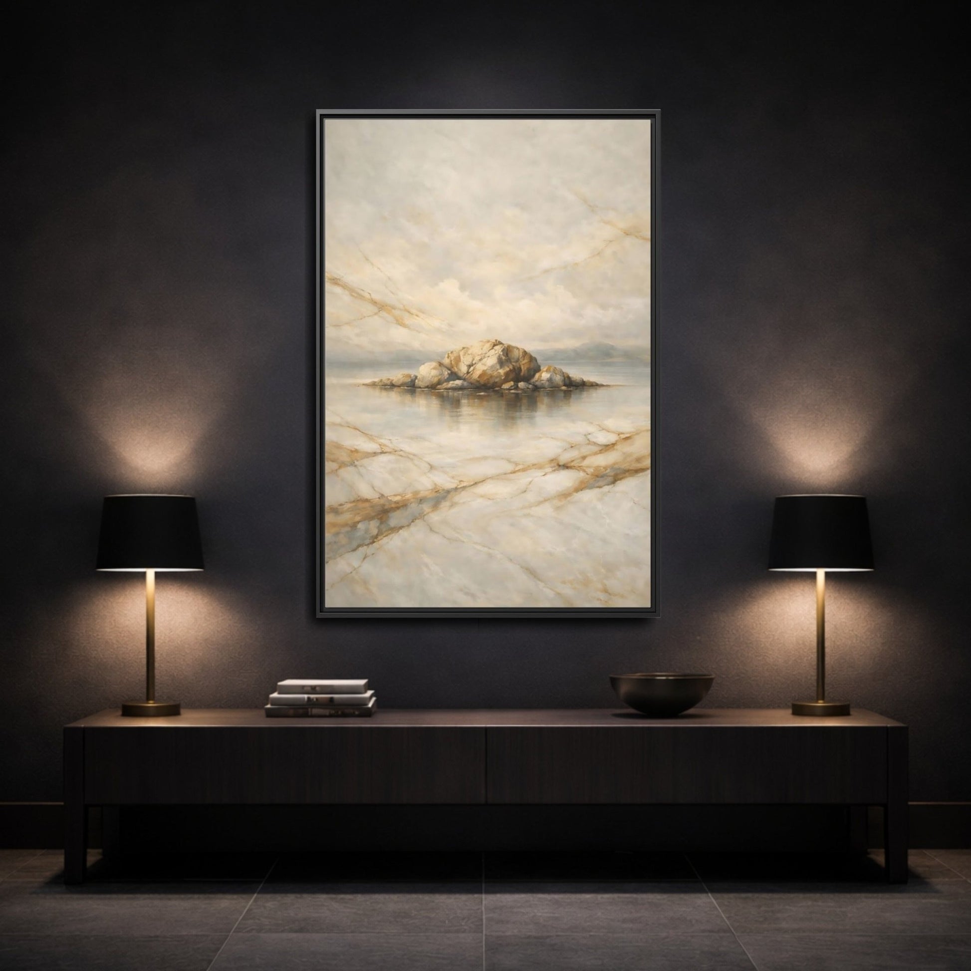 Nature Rocky Island Gold - Framed Canvas Wall Art Print - YesArtYes