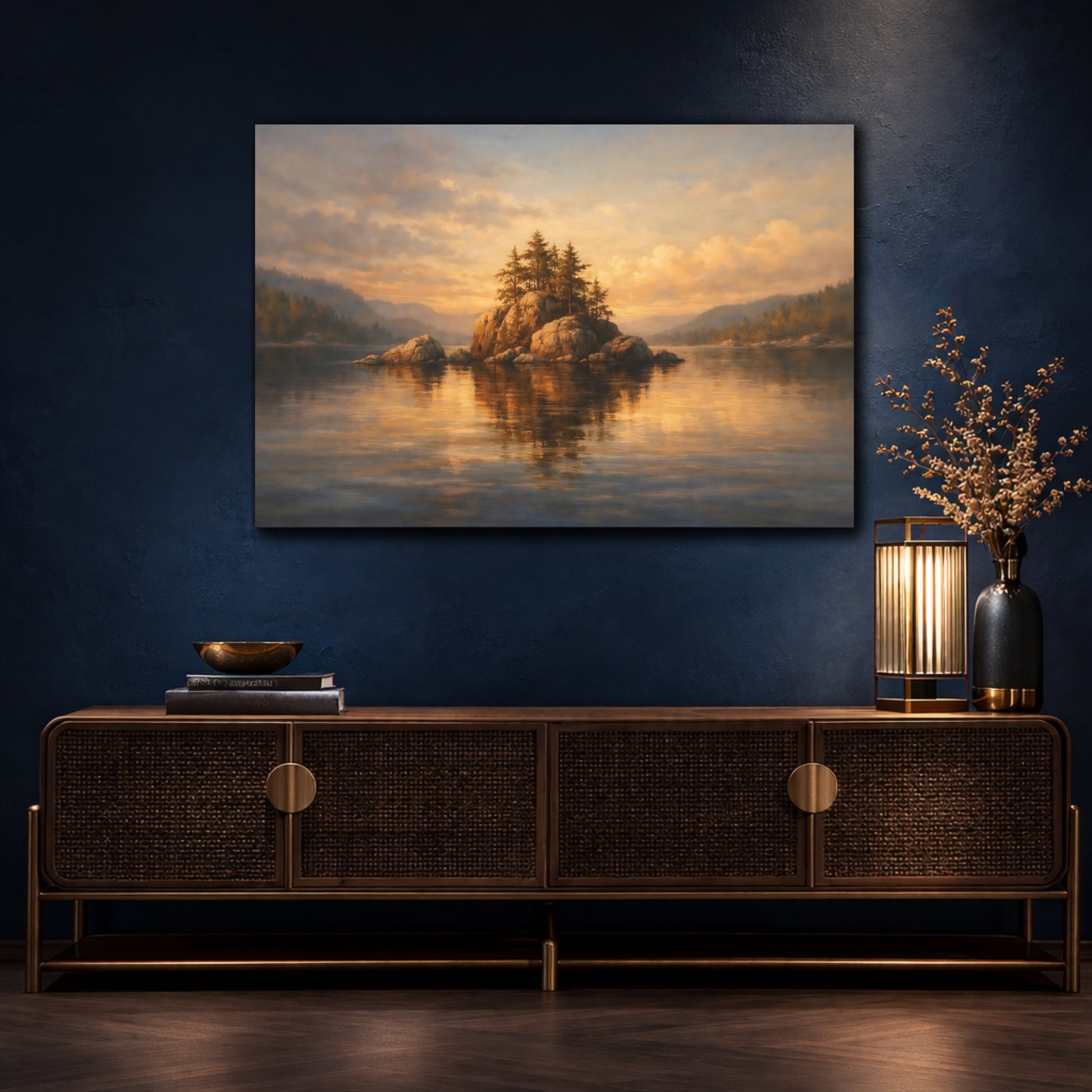 Mockup 4. Nature Rocky Island Golden Lake Island shown as stretched canvas wall art