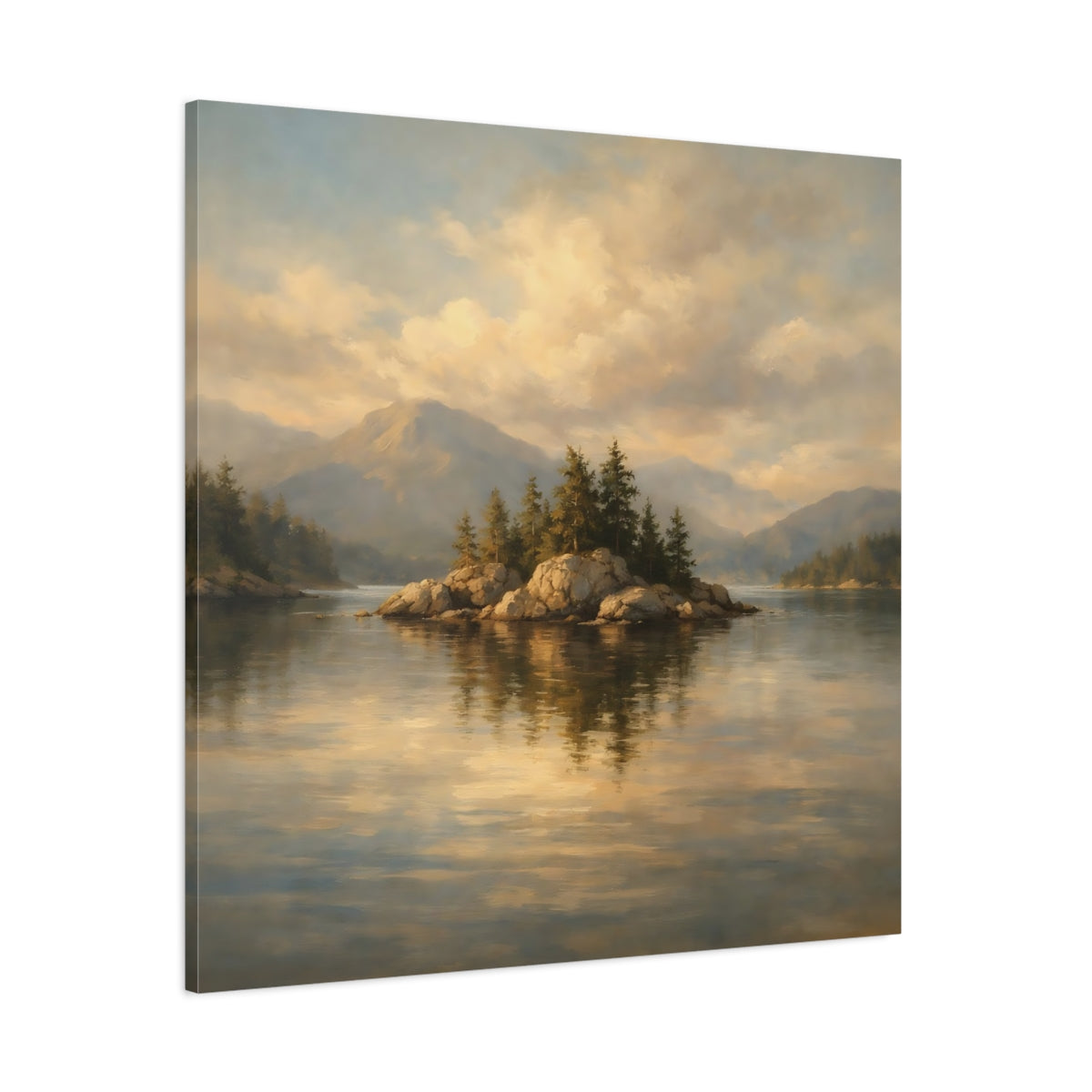 Main Mockup. Nature Rocky Island Golden Lake Landscape shown as stretched canvas wall art