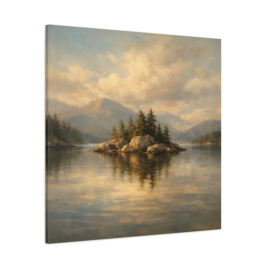 Main Mockup. Nature Rocky Island Golden Lake Landscape shown as stretched canvas wall art
