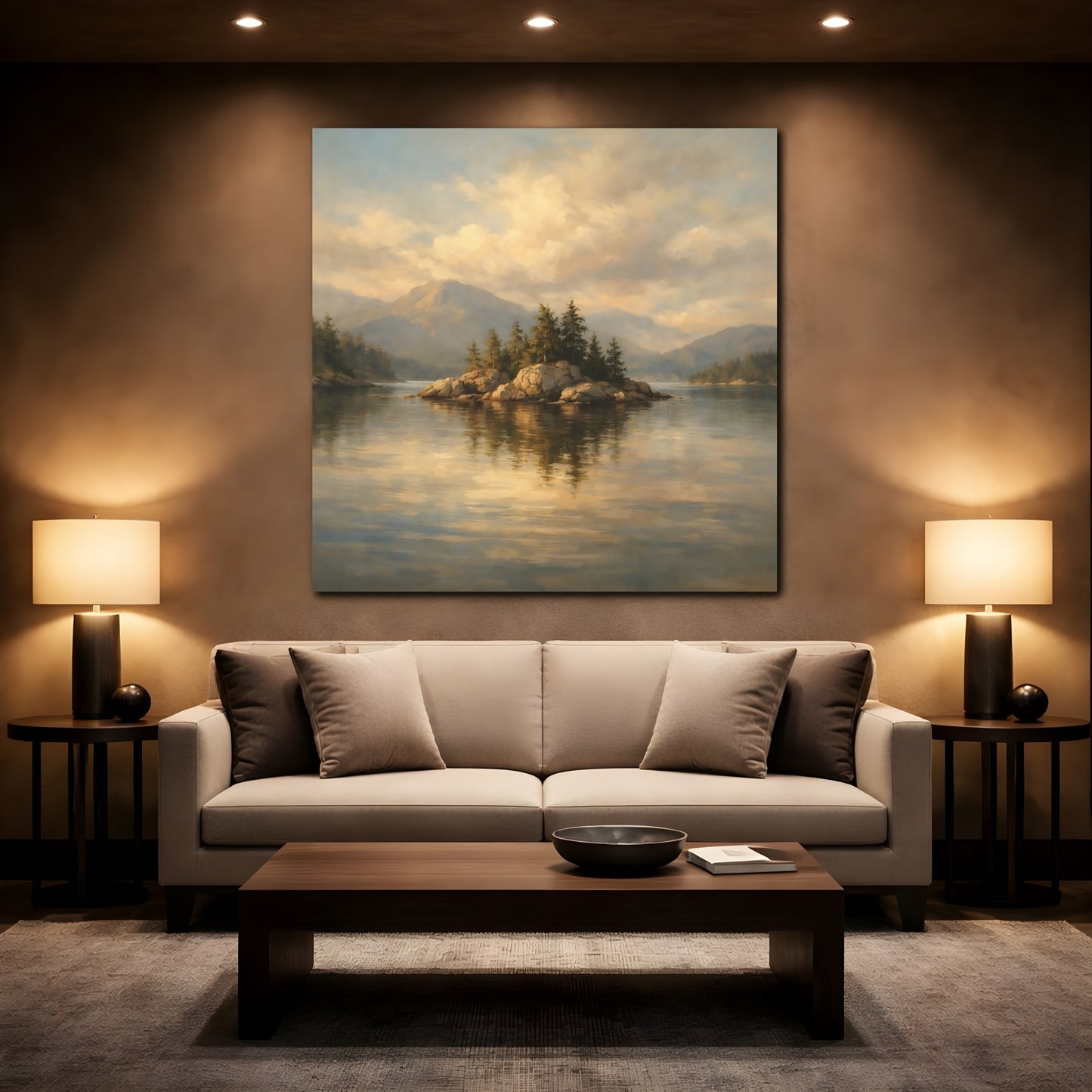 Mockup 2. Nature Rocky Island Golden Lake Landscape shown as stretched canvas wall art