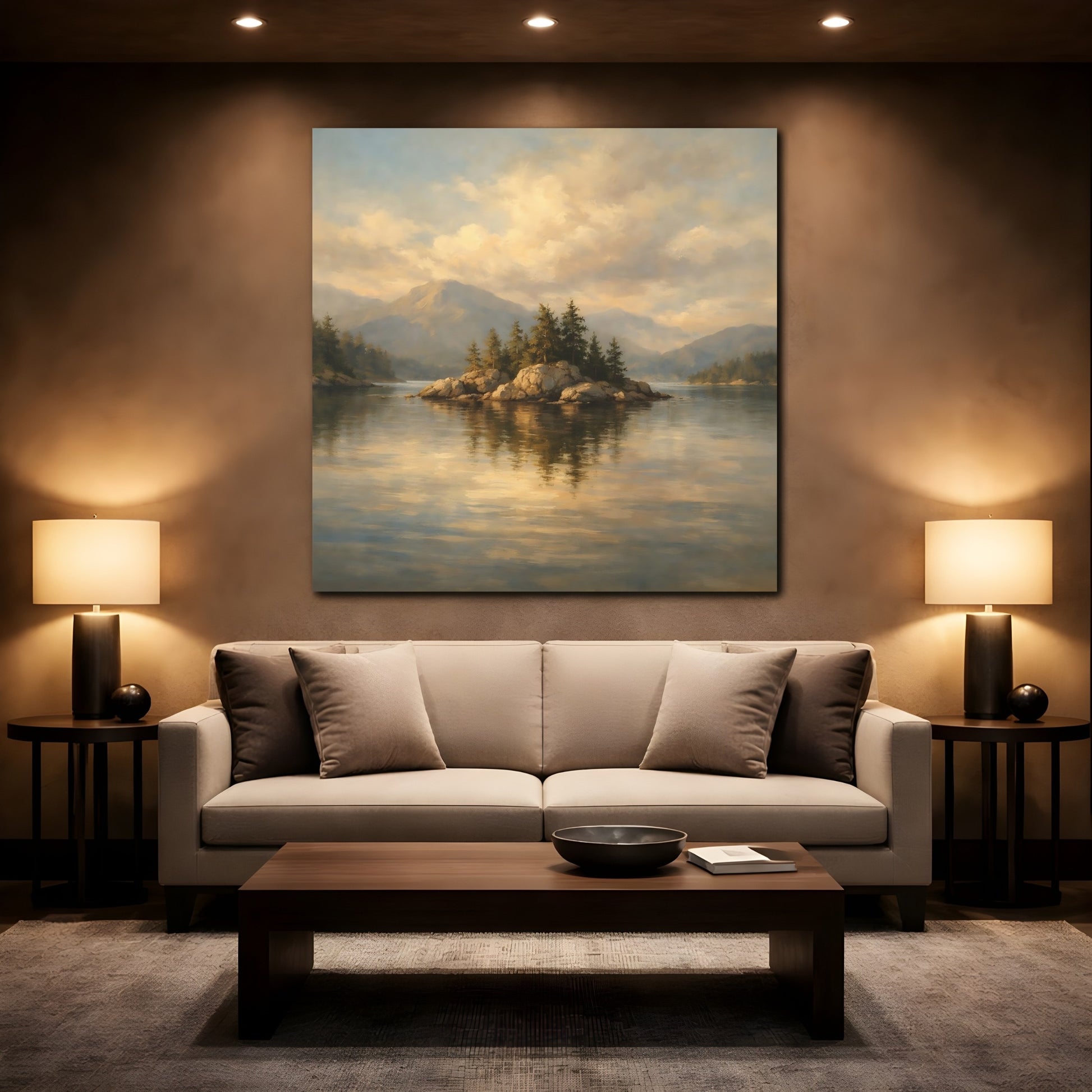 Mockup 2. Nature Rocky Island Golden Lake Landscape shown as stretched canvas wall art