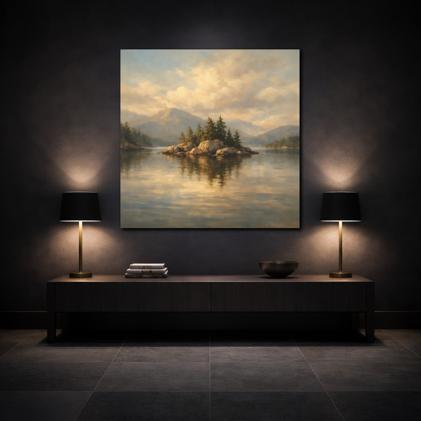 Mockup 3. Nature Rocky Island Golden Lake Landscape shown as stretched canvas wall art