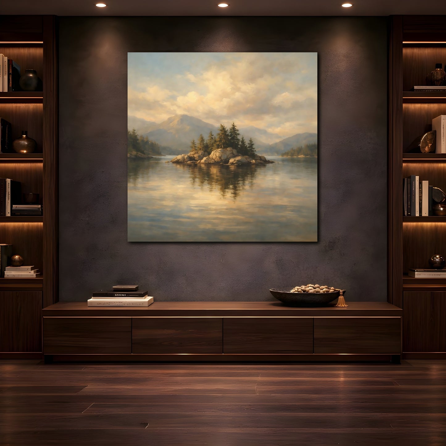 Mockup 4. Nature Rocky Island Golden Lake Landscape shown as stretched canvas wall art