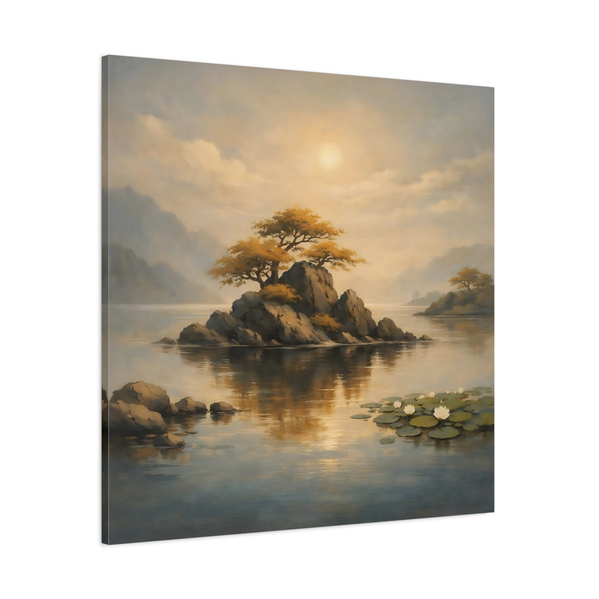 Main Mockup. Nature Rocky Island Golden Landscape shown as stretched canvas wall art