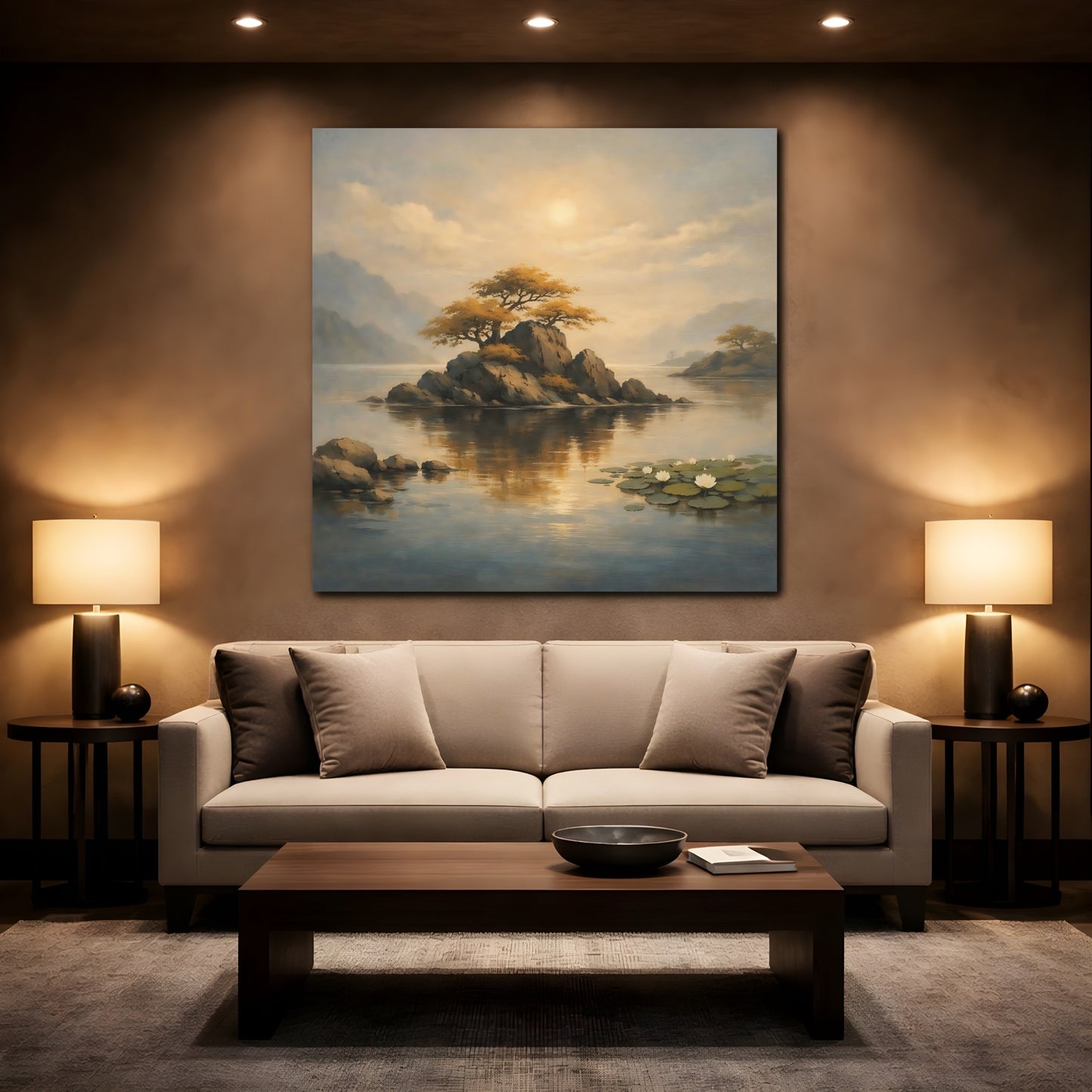 Mockup 2. Nature Rocky Island Golden Landscape shown as stretched canvas wall art