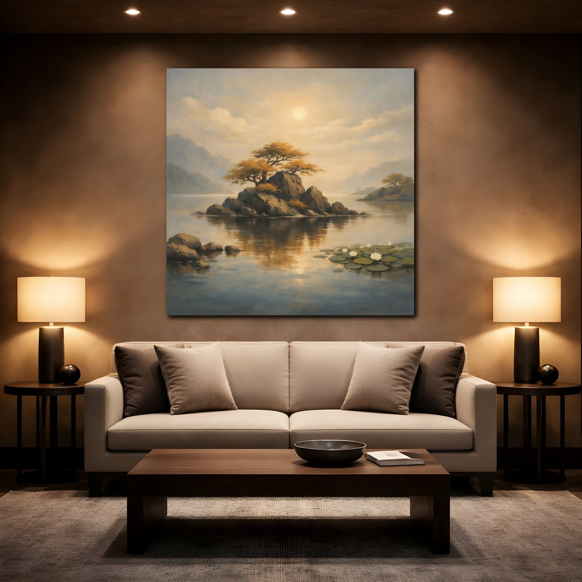 Mockup 2. Nature Rocky Island Golden Landscape shown as stretched canvas wall art