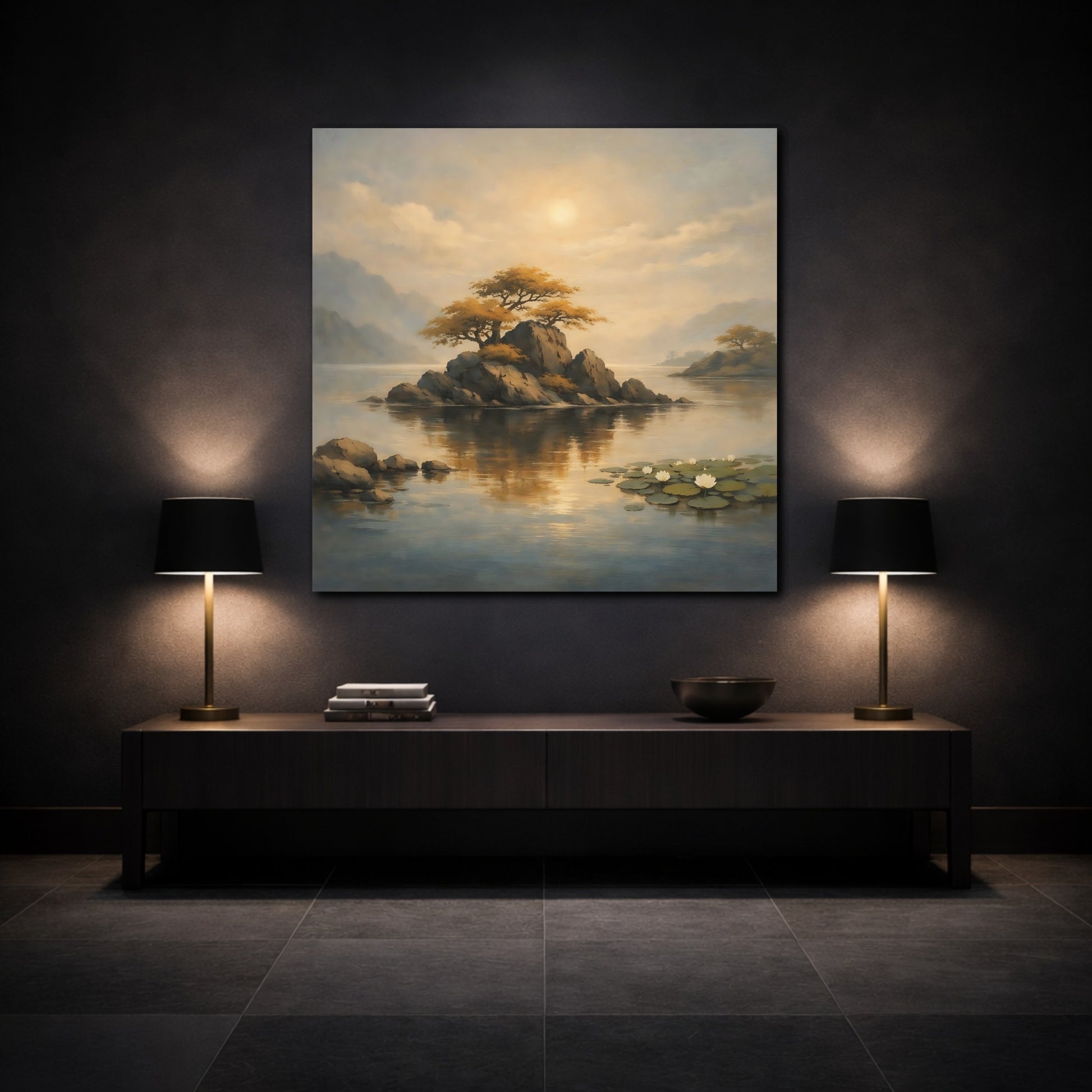 Mockup 3. Nature Rocky Island Golden Landscape shown as stretched canvas wall art