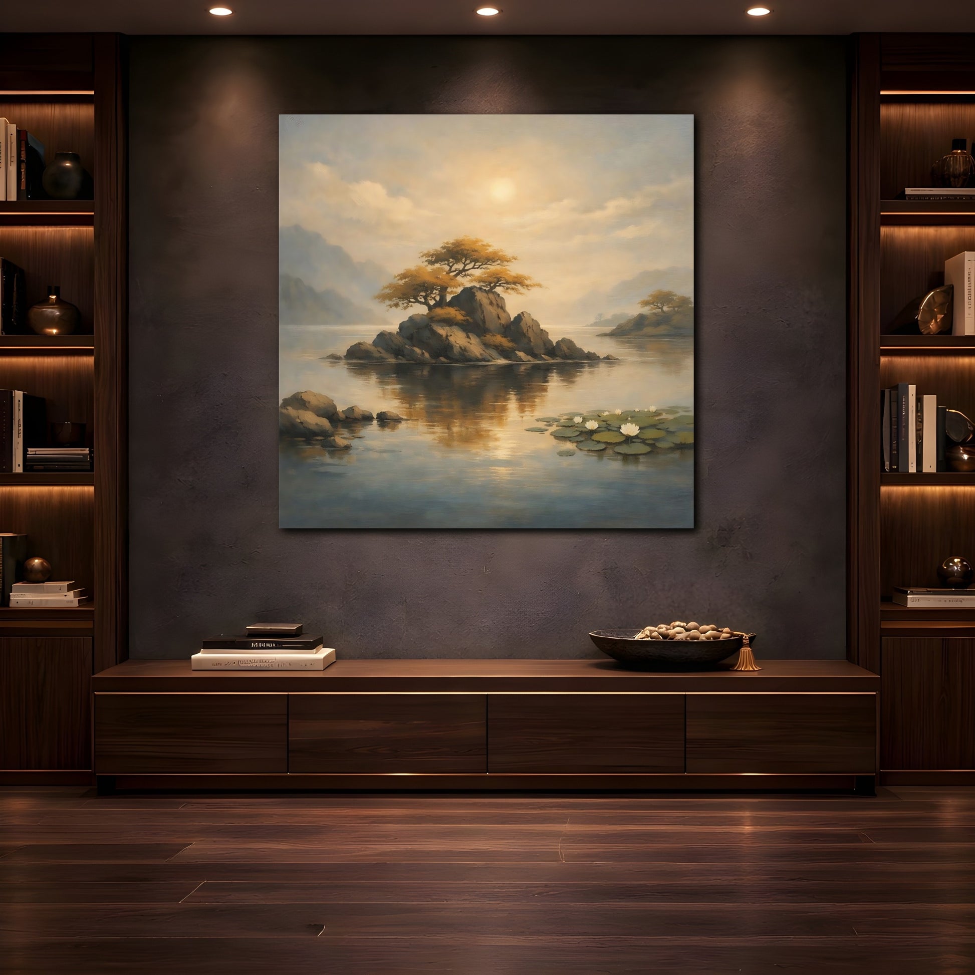 Mockup 4. Nature Rocky Island Golden Landscape shown as stretched canvas wall art