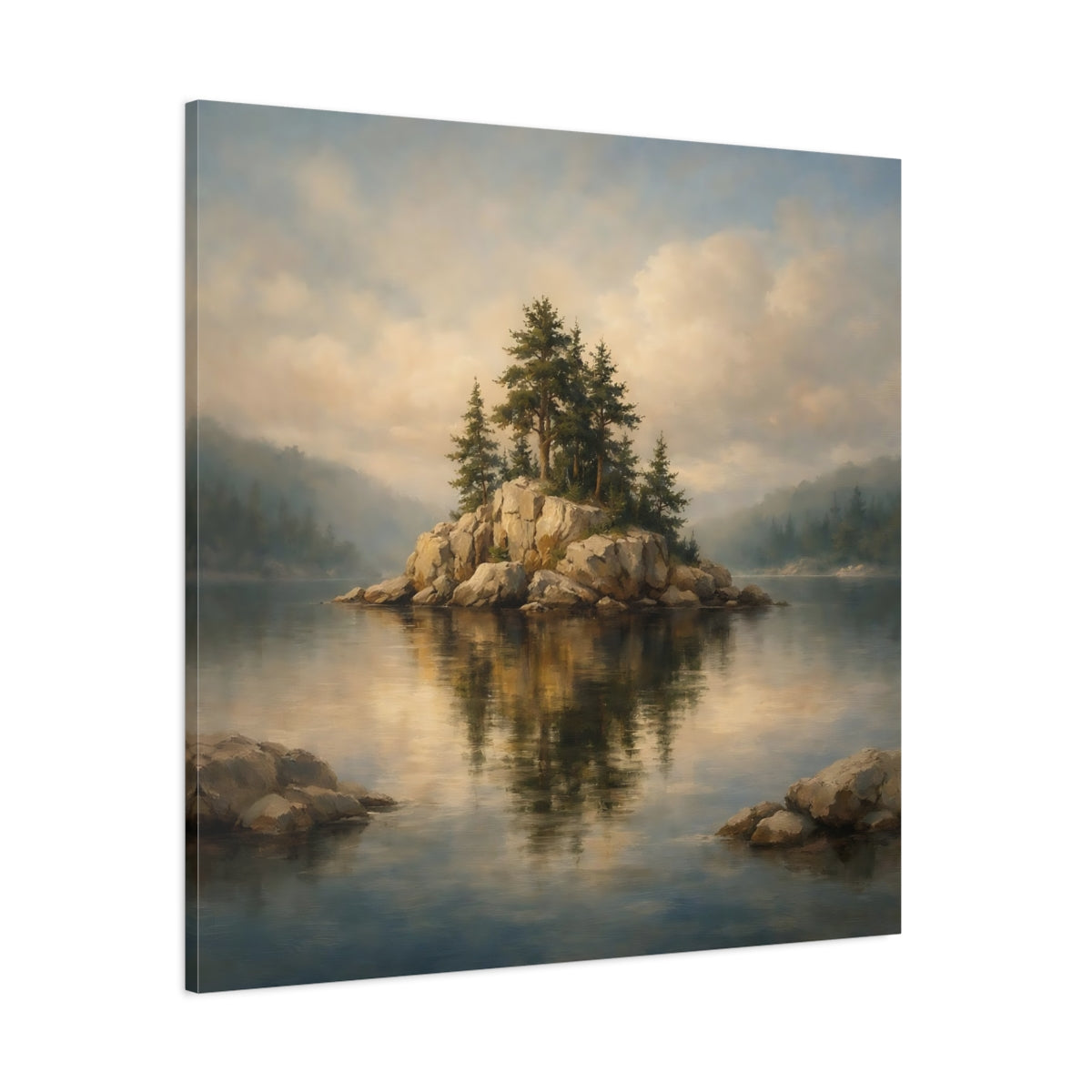 Main Mockup. Nature Rocky Island Lake And Island shown as stretched canvas wall art