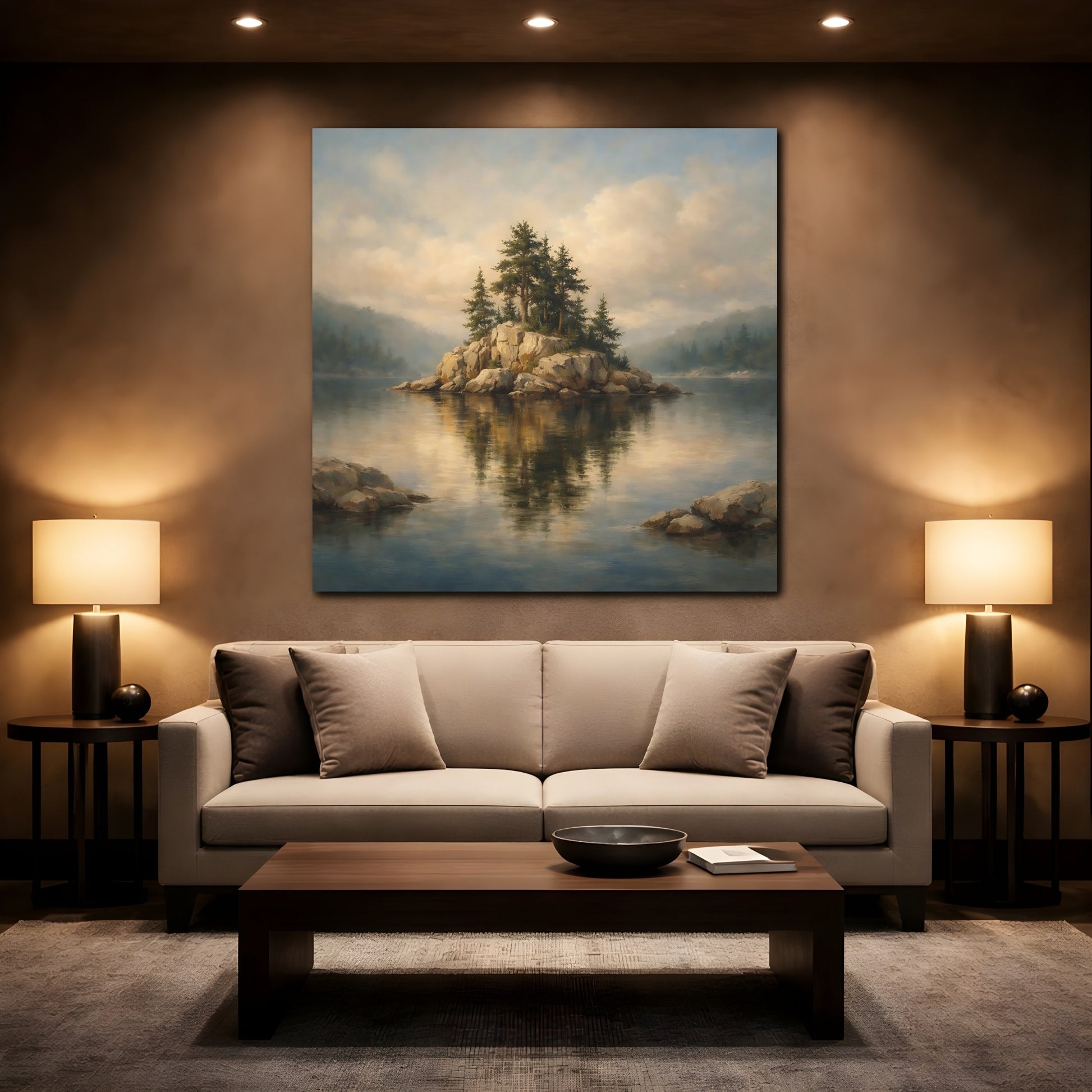 Mockup 2. Nature Rocky Island Lake And Island shown as stretched canvas wall art