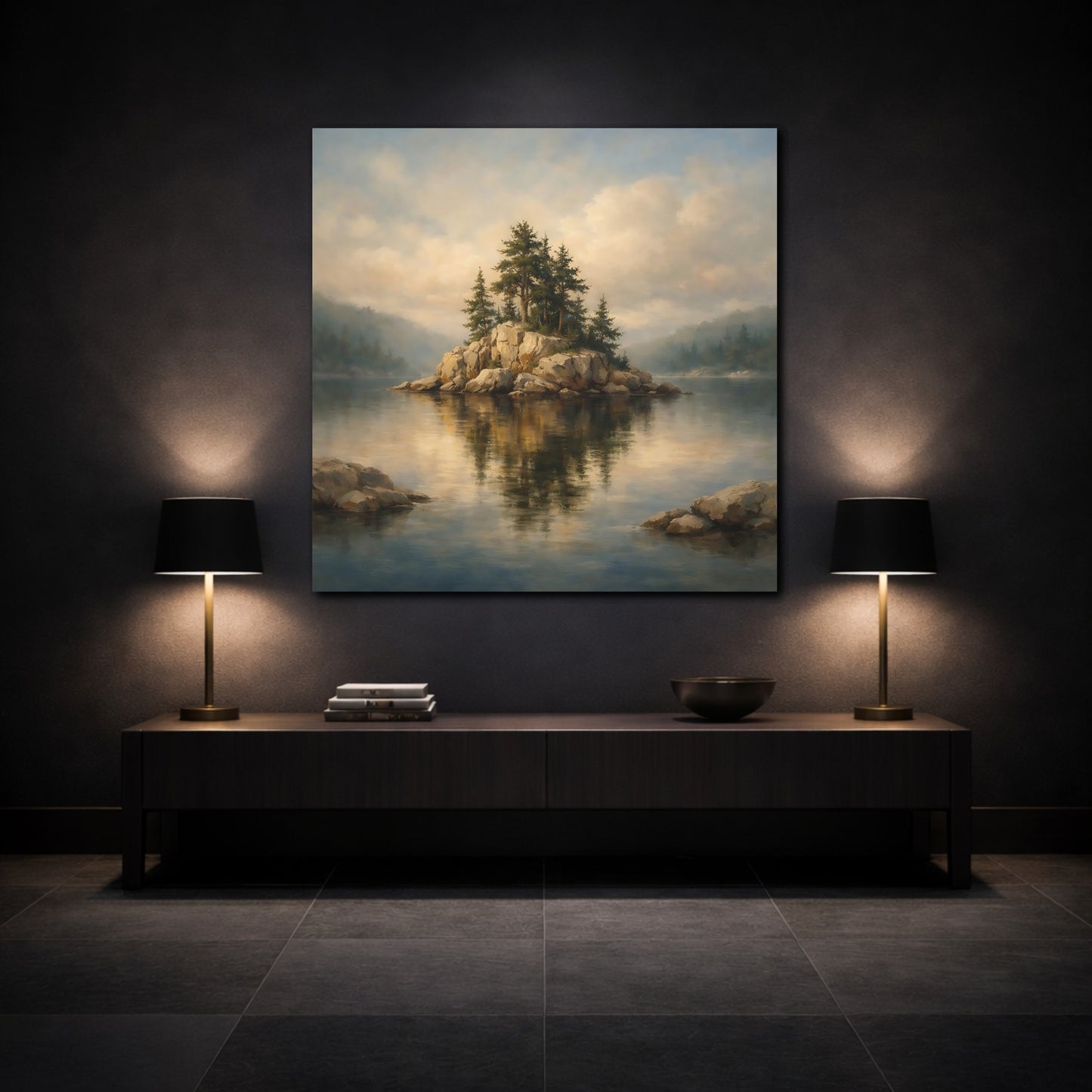 Mockup 3. Nature Rocky Island Lake And Island shown as stretched canvas wall art
