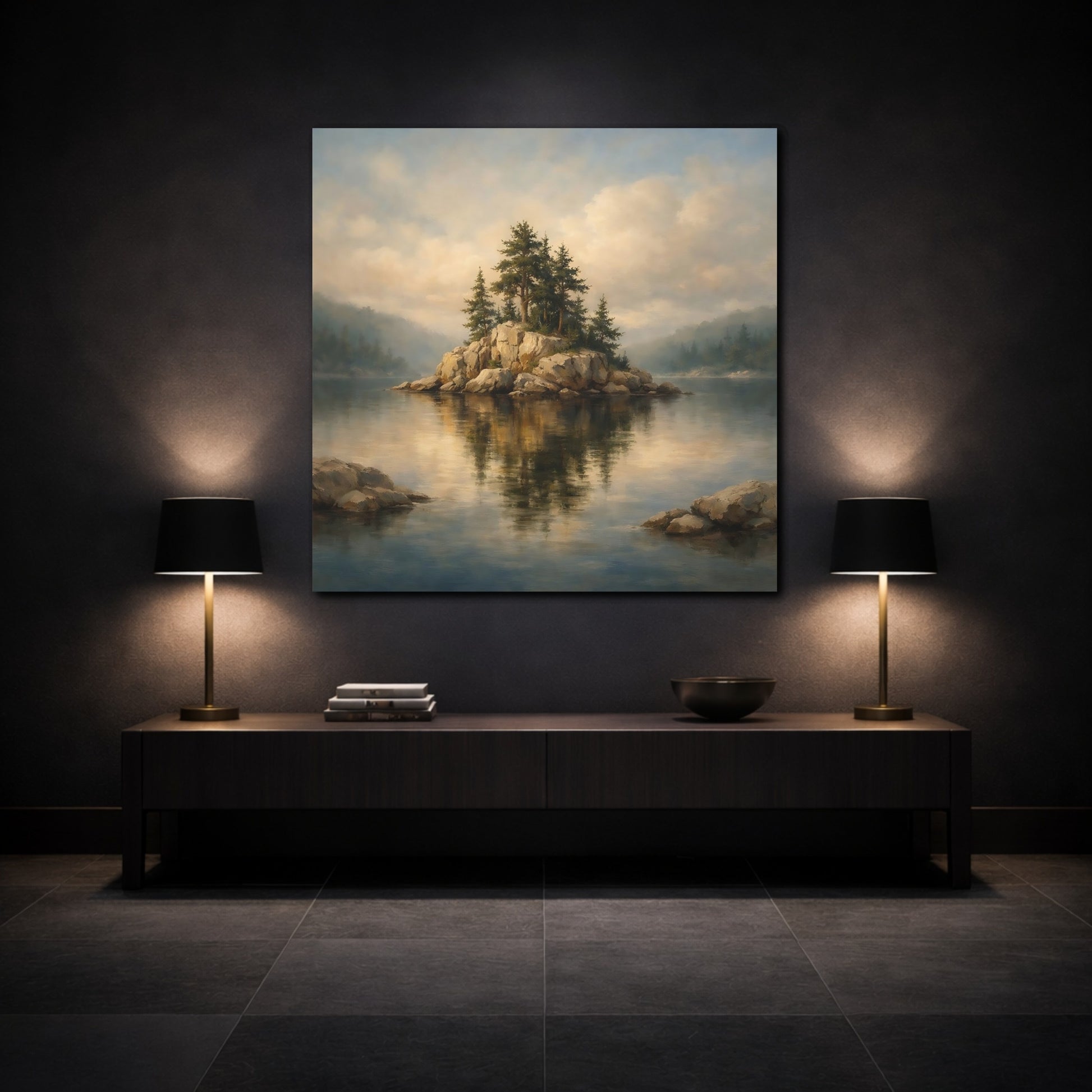 Mockup 3. Nature Rocky Island Lake And Island shown as stretched canvas wall art