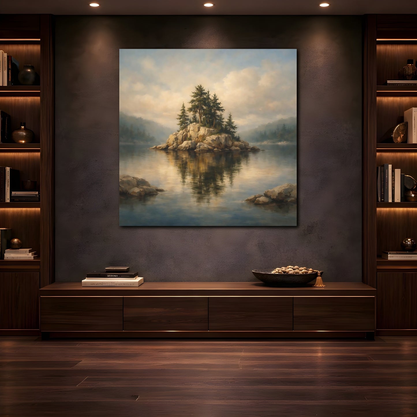 Mockup 4. Nature Rocky Island Lake And Island shown as stretched canvas wall art