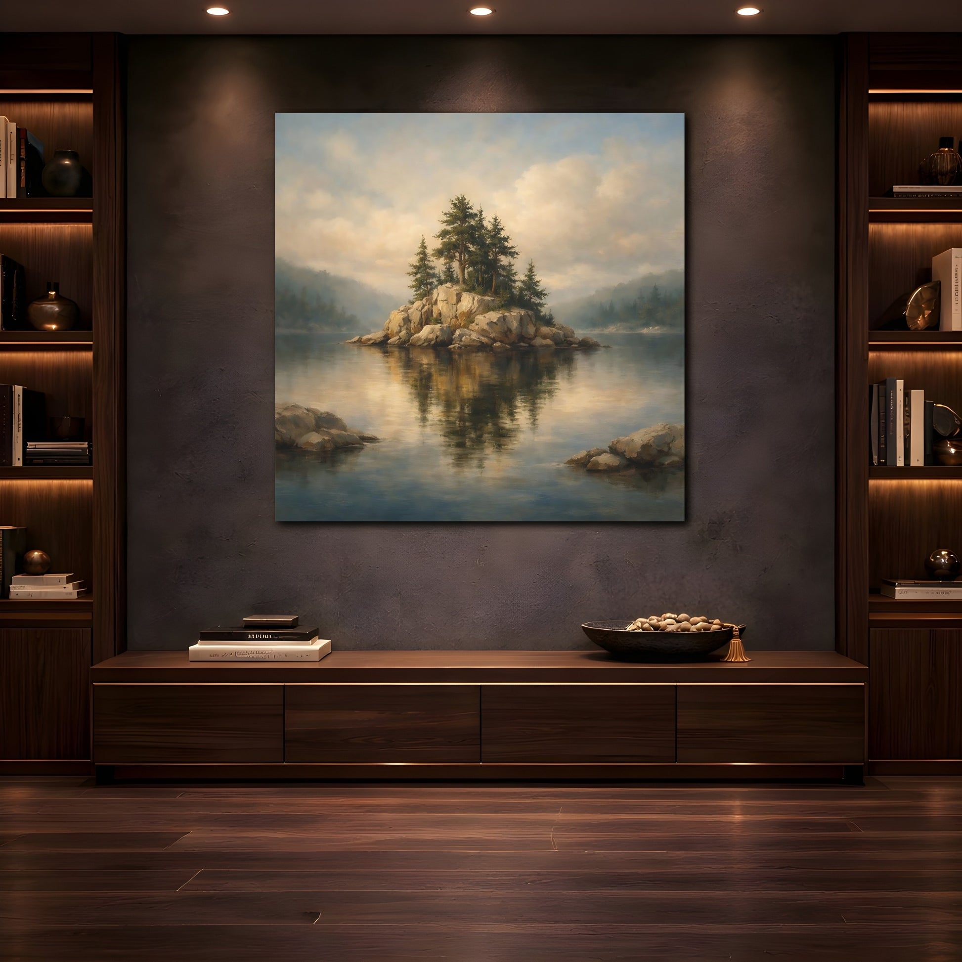 Mockup 4. Nature Rocky Island Lake And Island shown as stretched canvas wall art