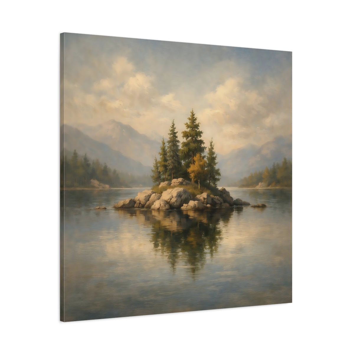 Main Mockup. Nature Rocky Island Lake Island Landscape shown as stretched canvas wall art