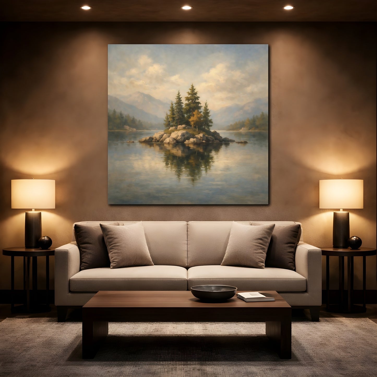 Mockup 2. Nature Rocky Island Lake Island Landscape shown as stretched canvas wall art