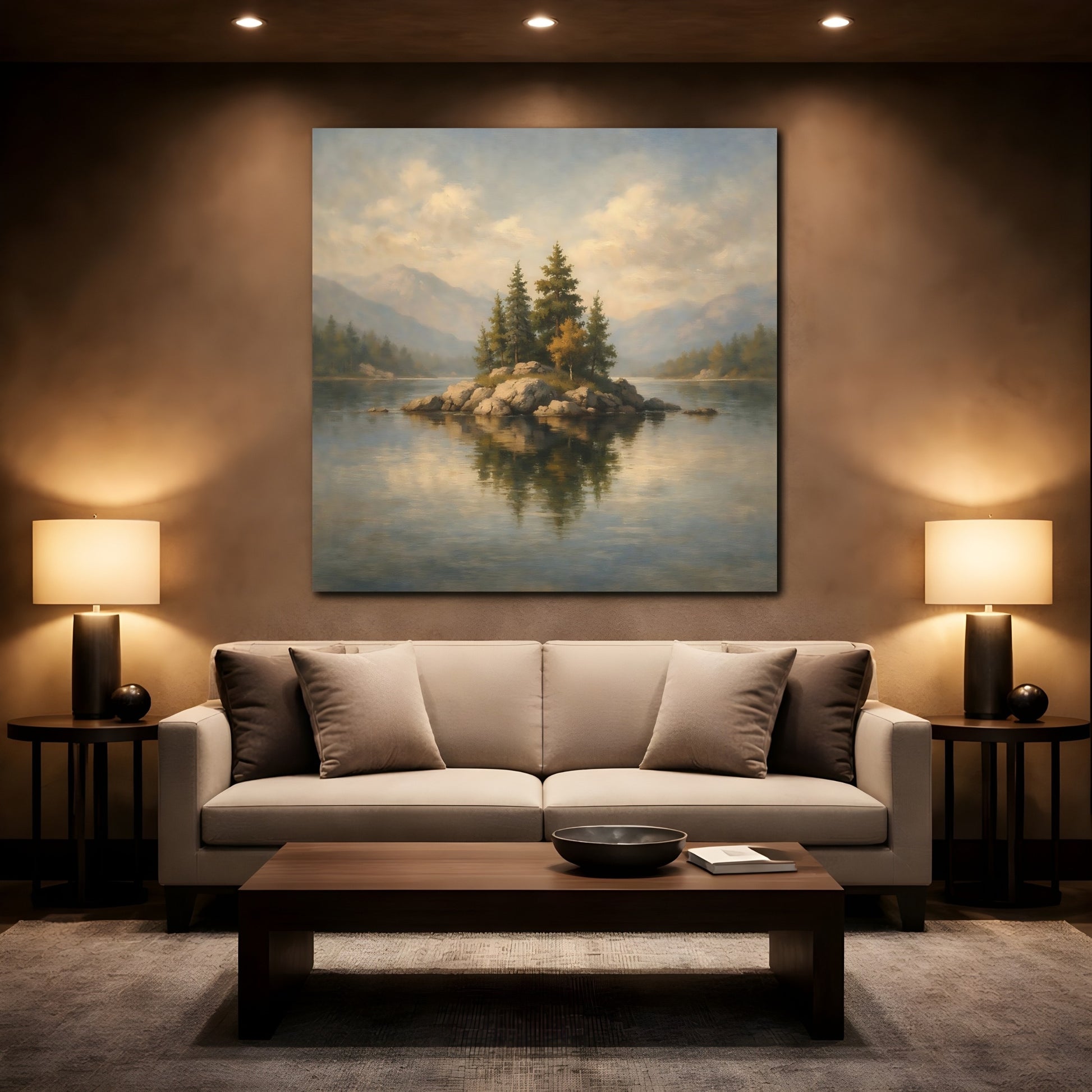 Mockup 2. Nature Rocky Island Lake Island Landscape shown as stretched canvas wall art